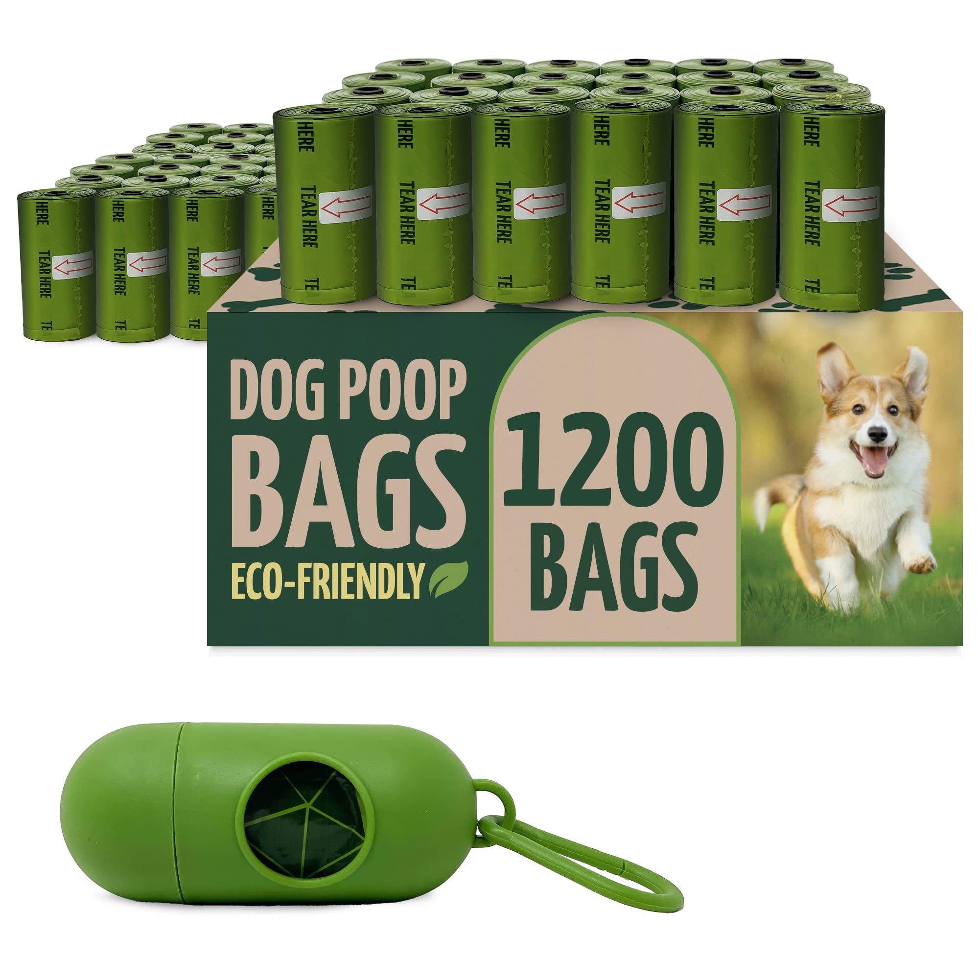 Eco-Friendly Biodegradable Dog Poop Bags with Holder - 1200 Count (80 Rolls Bulk) | Leash Clip Dispenser | 9x13