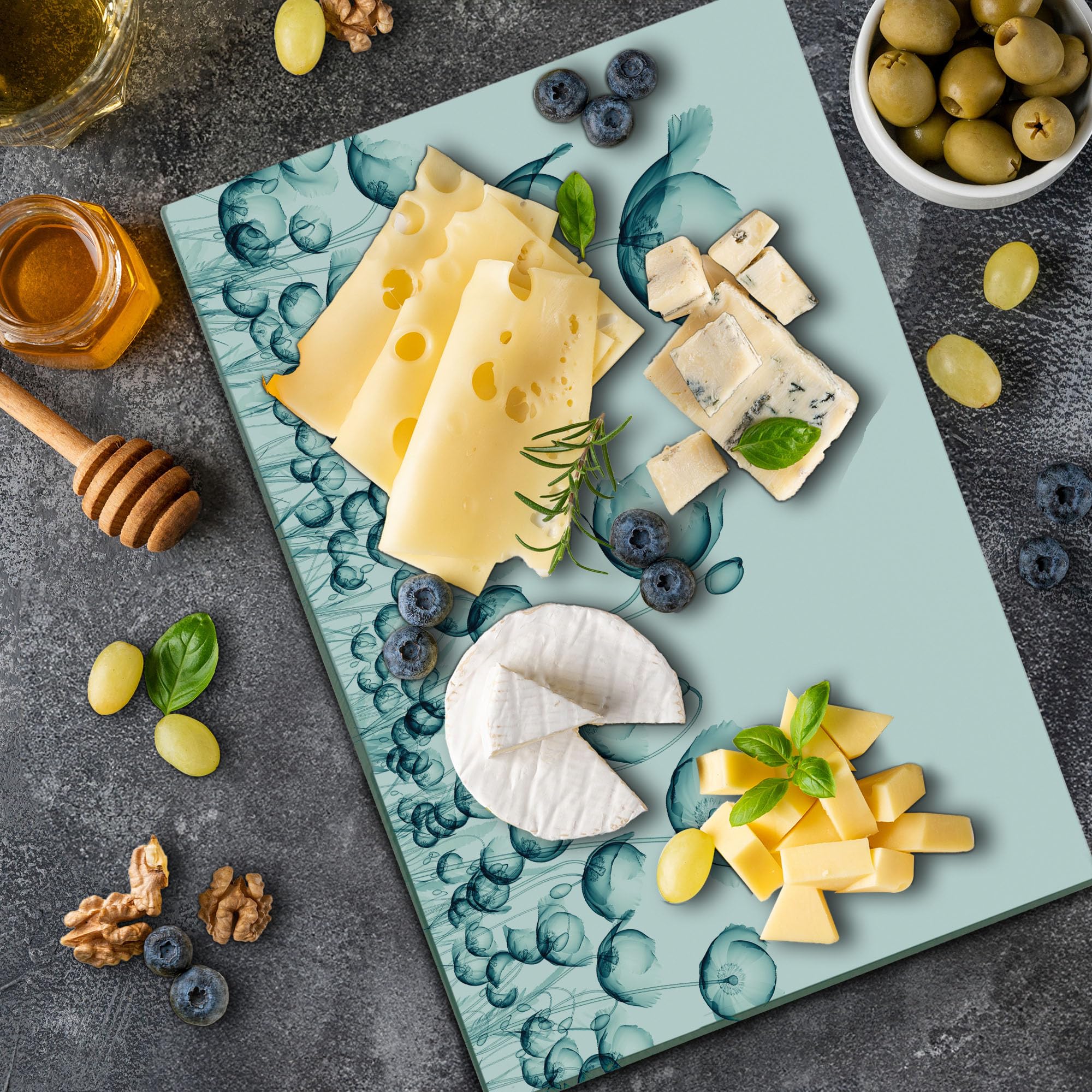 Ambesonne Decorative Tempered Glass Cutting Board - X-ray Art of Poppy Flowers in Wind, Large Teal & White Serving Board for Kitchen, Charcuterie & Party Platters