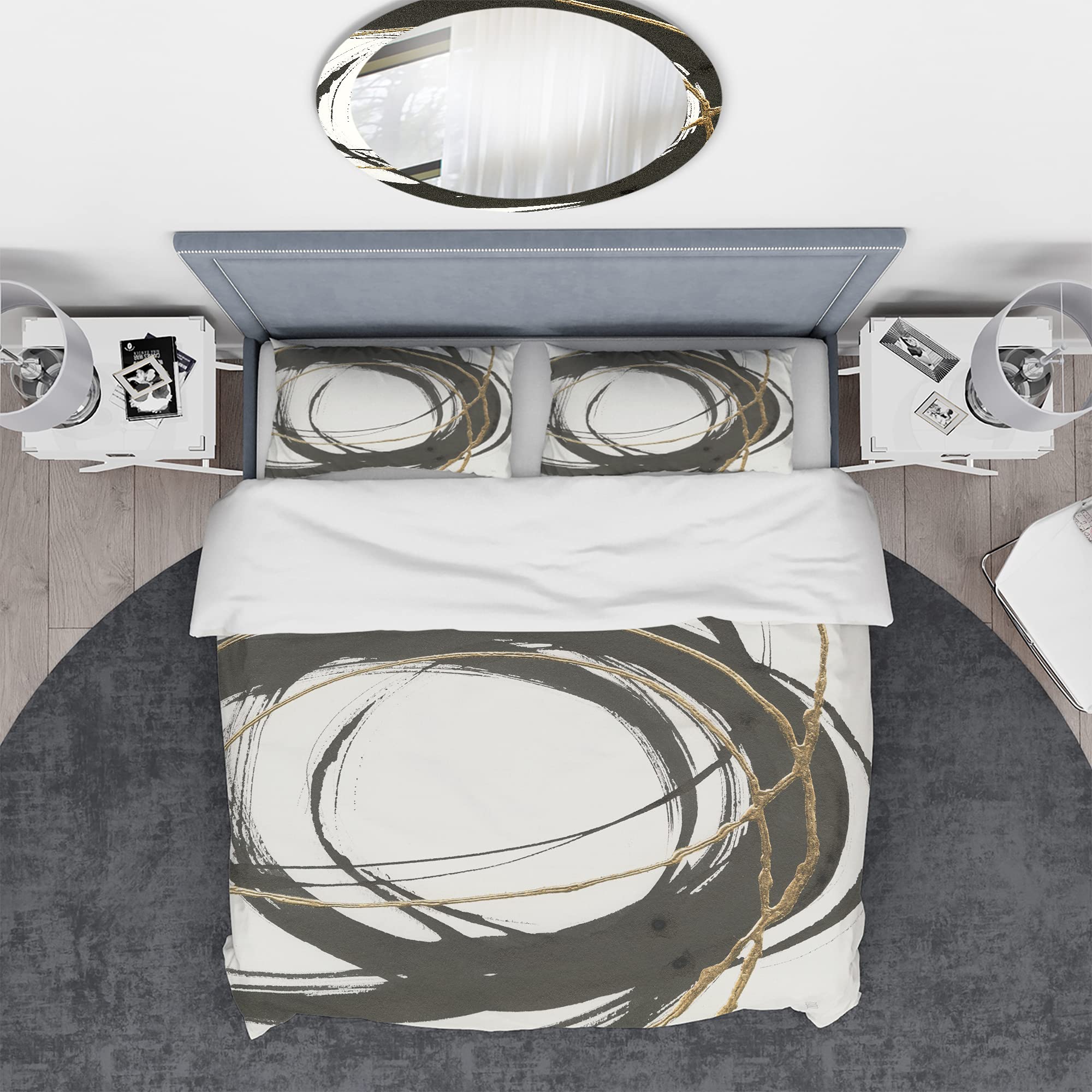 DesignQ Gold Glamour Circle III Modern Duvet Cover Set - King Size Black Abstract Bedding 3-Piece Set | All Season Contemporary Luxury Bedding for Master Bedroom & Guest Room Decor
