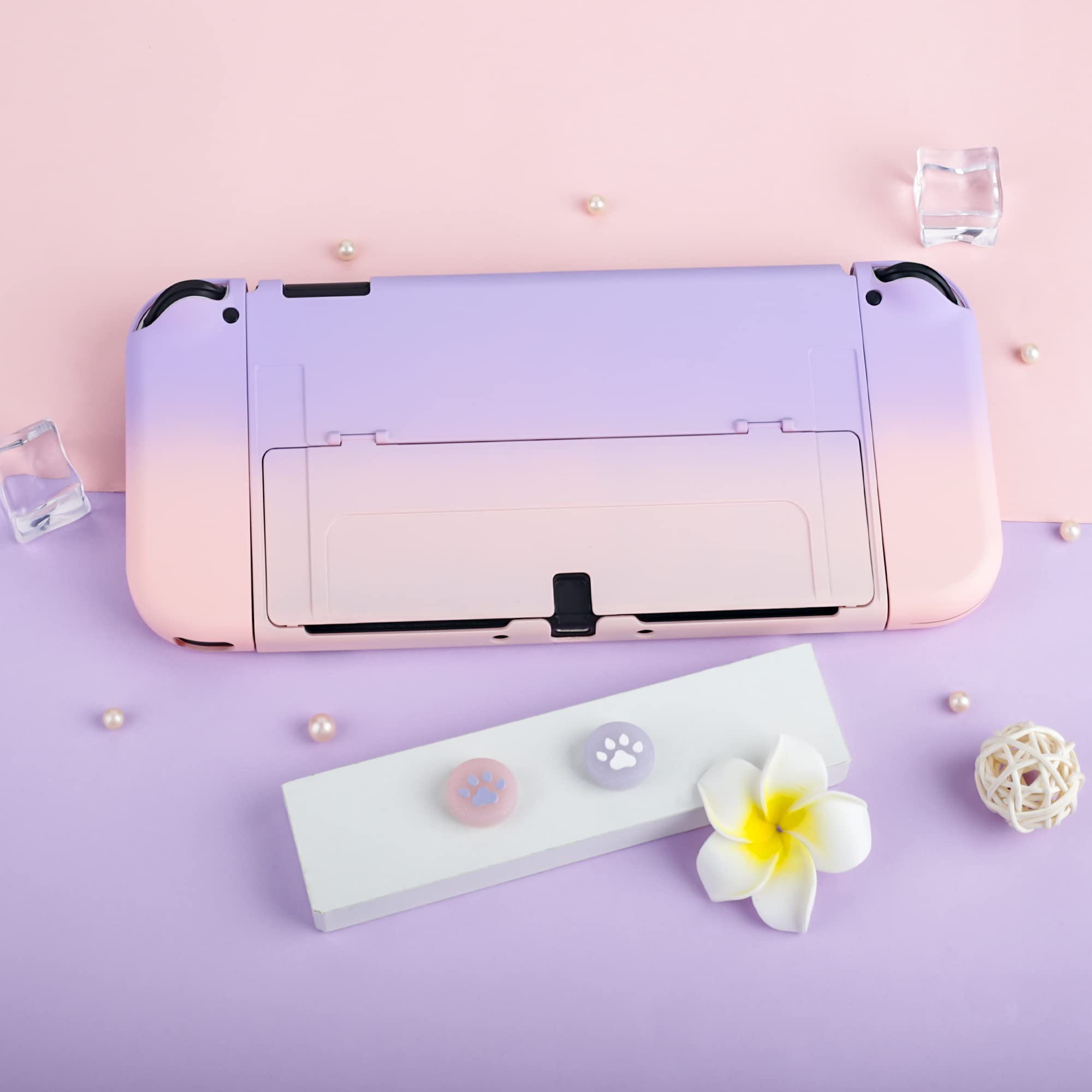 Nintendo Switch OLED Protective Case with Dockable Cover & 2 Cat Paw Thumb Grips - Pink & Purple for Joy-Con Controllers | Perfect for Gaming, Travel & Storage Protection