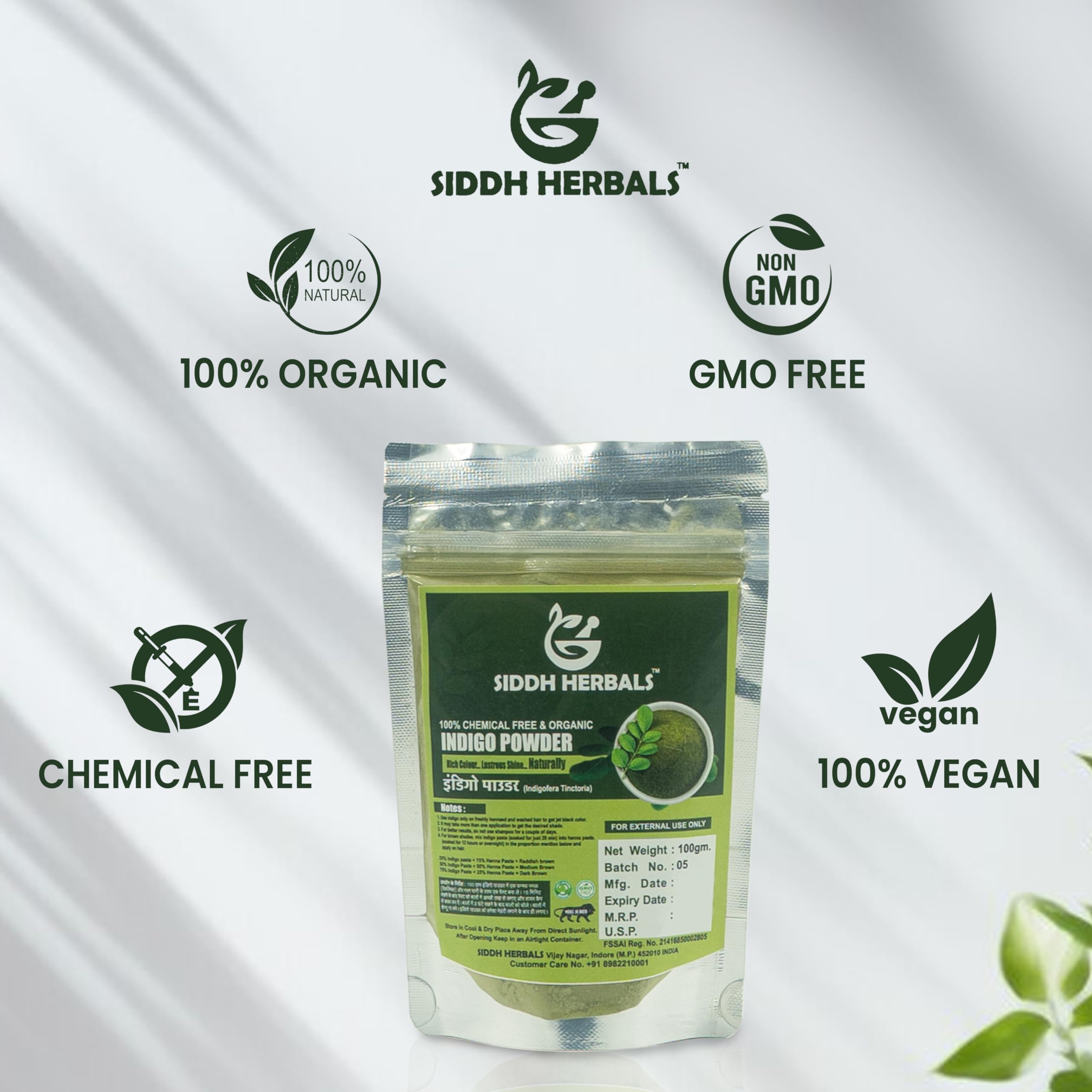 Organic Indigo Powder for Hair - 100% Natural Chemical-Free Hair Dye (100g) | Rich Color & Shine | Siddh Herbals | Perfect for Gray Coverage, DIY Hair Coloring & Ayurvedic Hair Care at Home