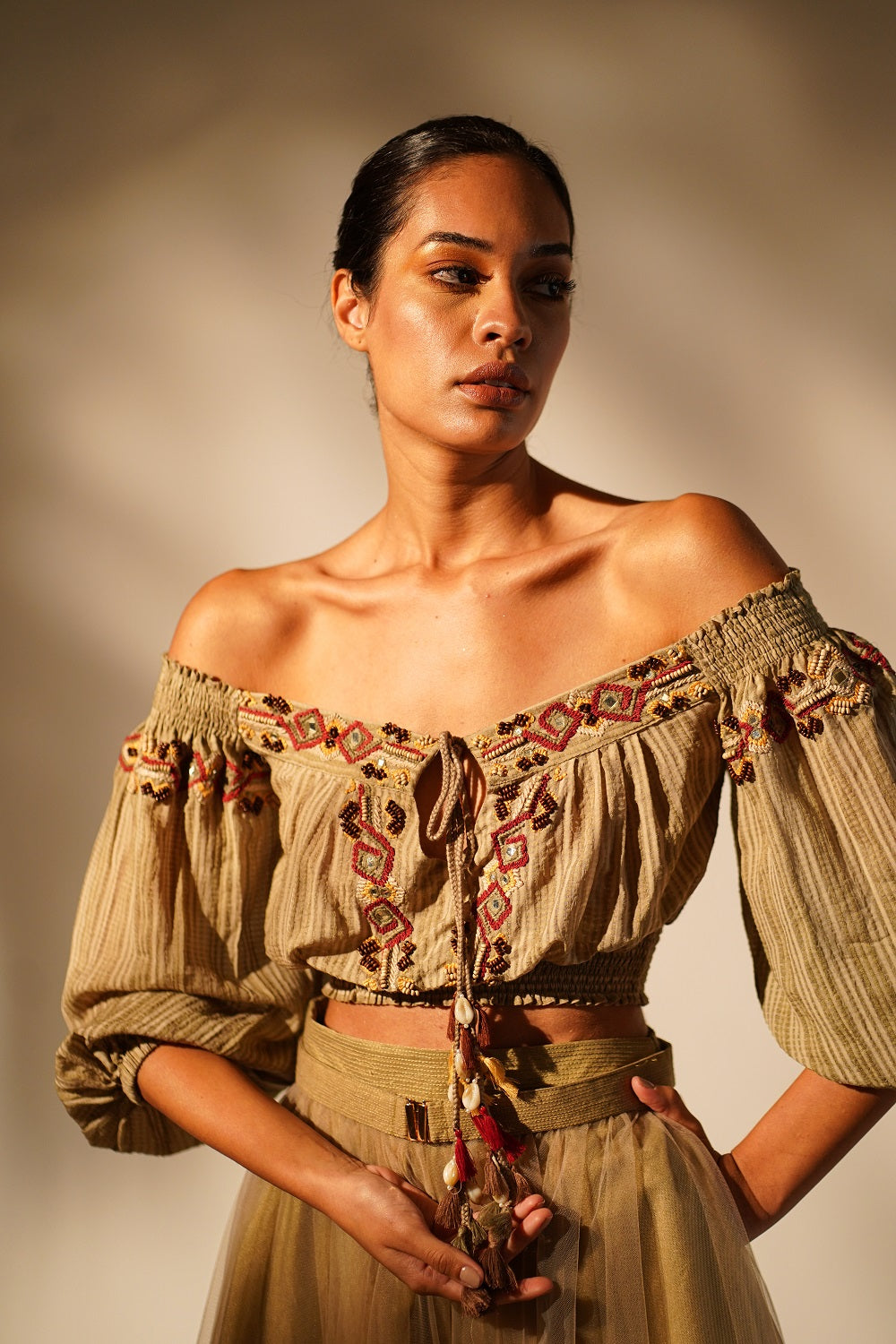 Elegant Off Shoulder Beige Blouse with Delicate Embroidery - Perfect for Summer Parties & Boho Chic Outfits