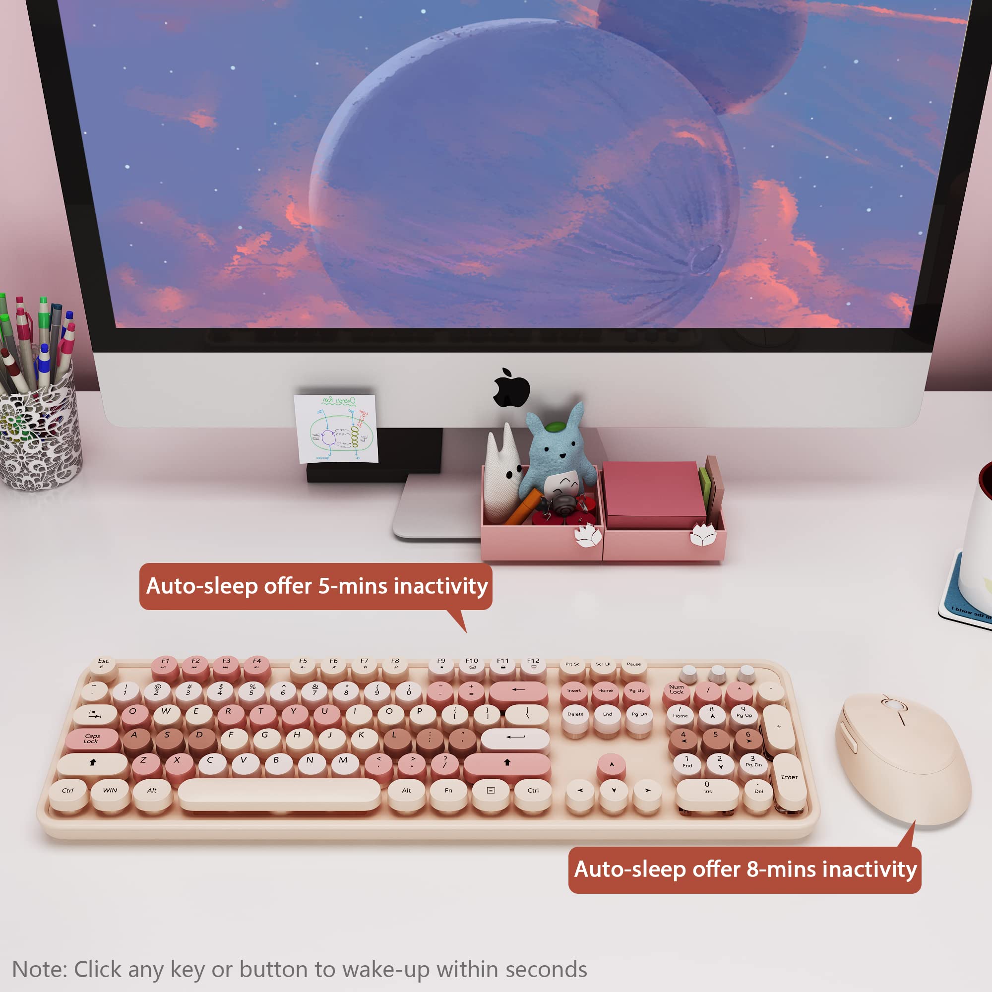 KOOTOP 2.4G Wireless Keyboard and Mouse Set - Retro Round Keycap Design for PC, Mac, Laptop (Windows Compatible) in Milk Tea Color - Perfect for Office, Home & Gaming Use
