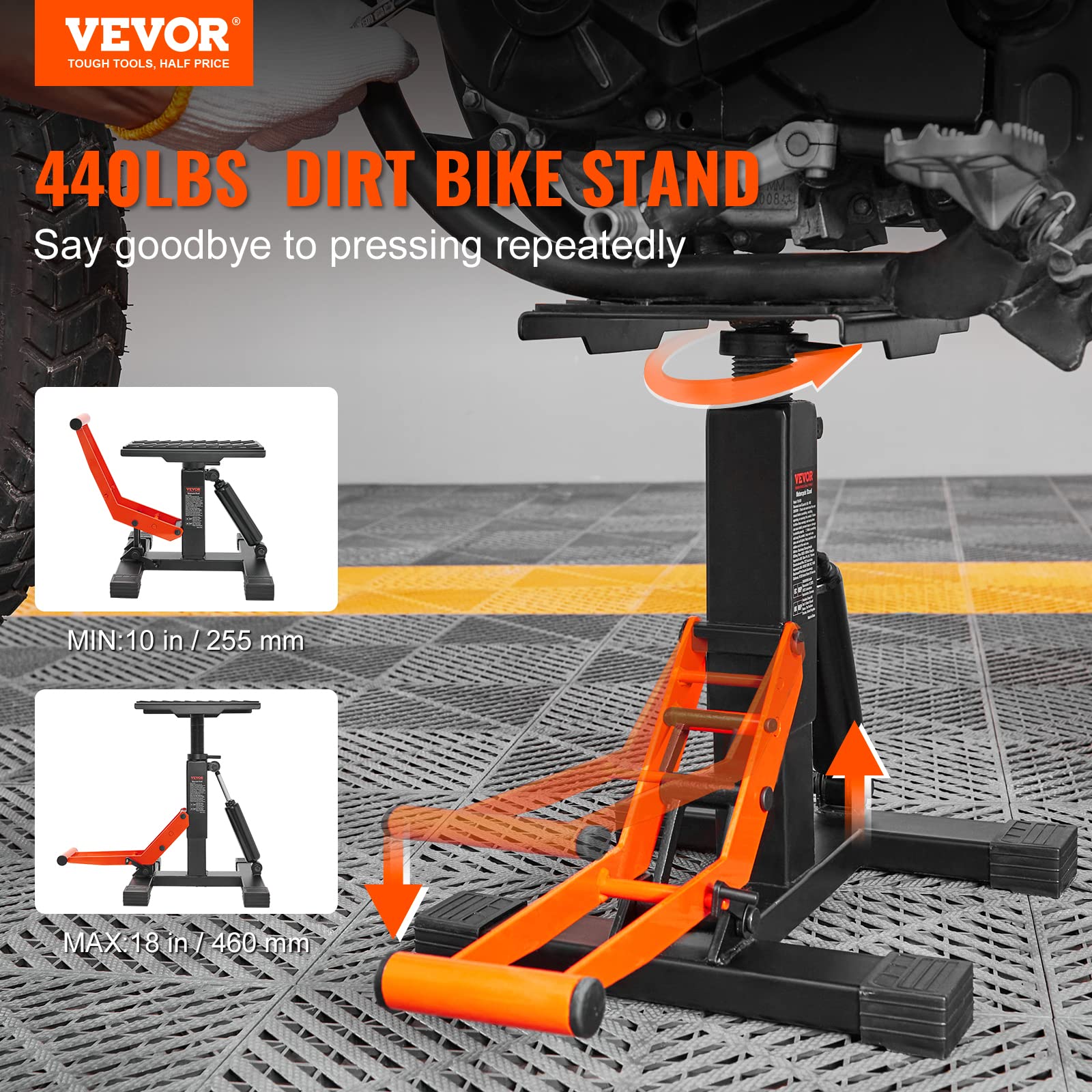 VEVOR Hydraulic Motorcycle Lift Stand - 440 lbs Capacity Adjustable Height Dirt Bike Jack for Pit Bike Repair & Maintenance | Heavy-Duty Hoist Table for Garage, Workshop & Off-Road Bike Accessories