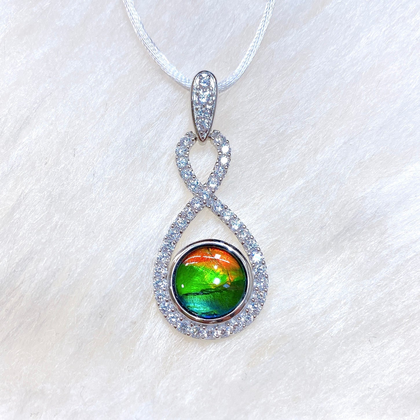 Elegant Sterling Silver Round Ammolite Pendant with Genuine Swarovski Crystals | Natural Gemstone Jewelry for Women | Perfect Gift for Birthday, Anniversary & Special Occasions