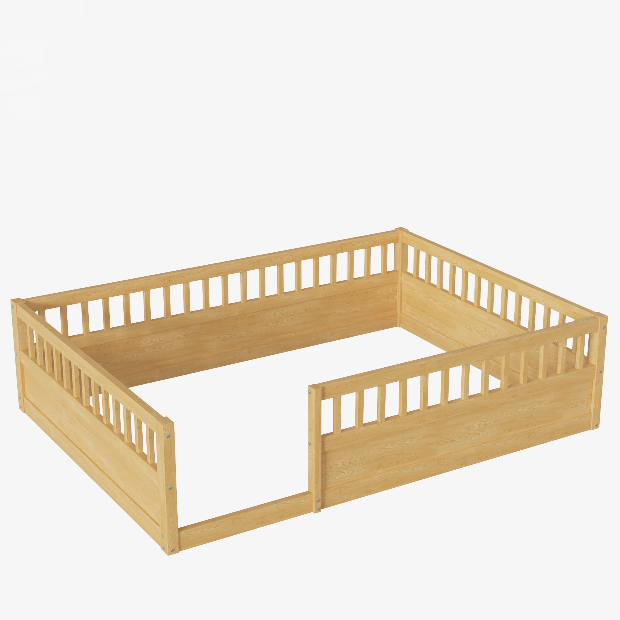 Montessori Floor Bed for Kids - Full Size Wooden Playhouse Bed with High Safety Railings for Toddlers, Boys & Girls - Natural Finish - Perfect for Montessori Rooms, Playrooms & Safe Sleep Spaces