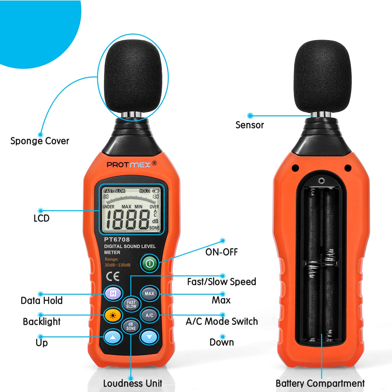 PT6708 Digital Sound Level Meter - 30-130 dB Range, ±1.5dB Accuracy Noise Decibel Reader with Large LCD Display & Fast/Slow Mode (Batteries Included) - Perfect for Workplace Safety, Industrial Noise Monitoring & Home Acoustics Testing