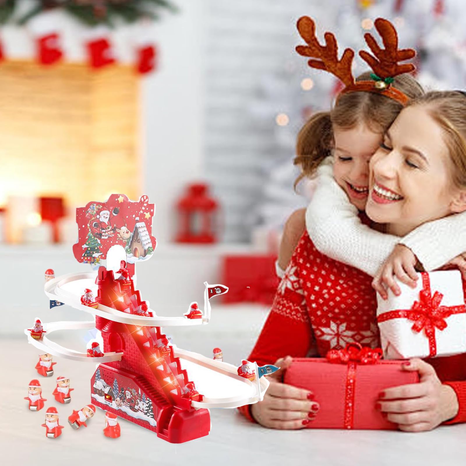 Electric Santa Climbing Toy - Automatic Stair Climbing Christmas Game with LED Lights & Music for Kids - Fun Holiday Race Toy for Toddlers Boys & Girls - Perfect for Christmas Decorations & Family Playtime
