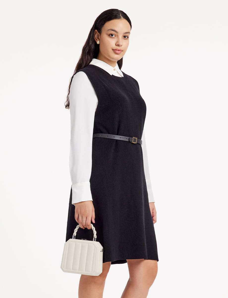 Women's 2-Piece Outfits - Black Sweater Vest Dress & White Shirt Dress Set with Belt | Casual Office Wear & Fall Fashion Outfit for Women