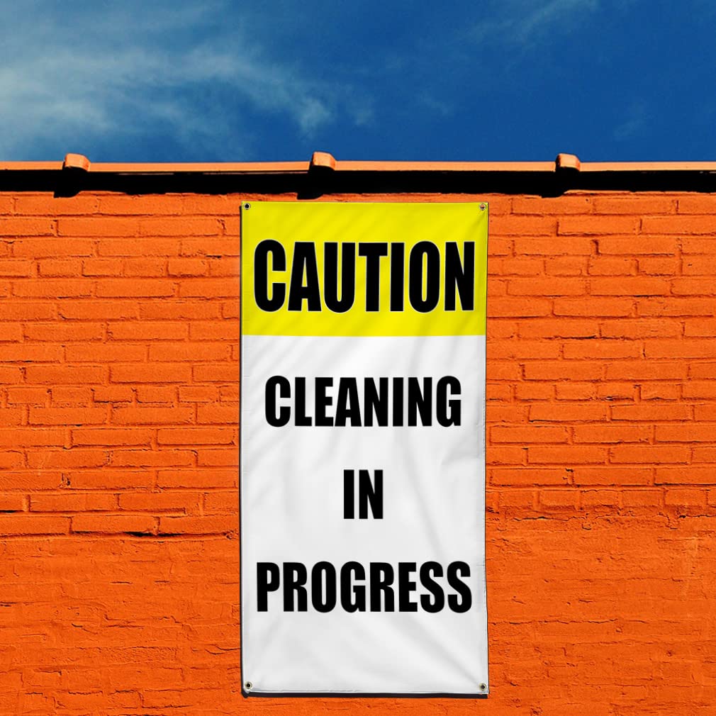 Vertical Vinyl Banner - 96x48 Inches Weatherproof Outdoor Sign with 8 Grommets for Business, Caution Cleaning in Progress, Industrial Yard Advertising | Perfect for Construction Sites, Retail Promotions & Safety Warnings