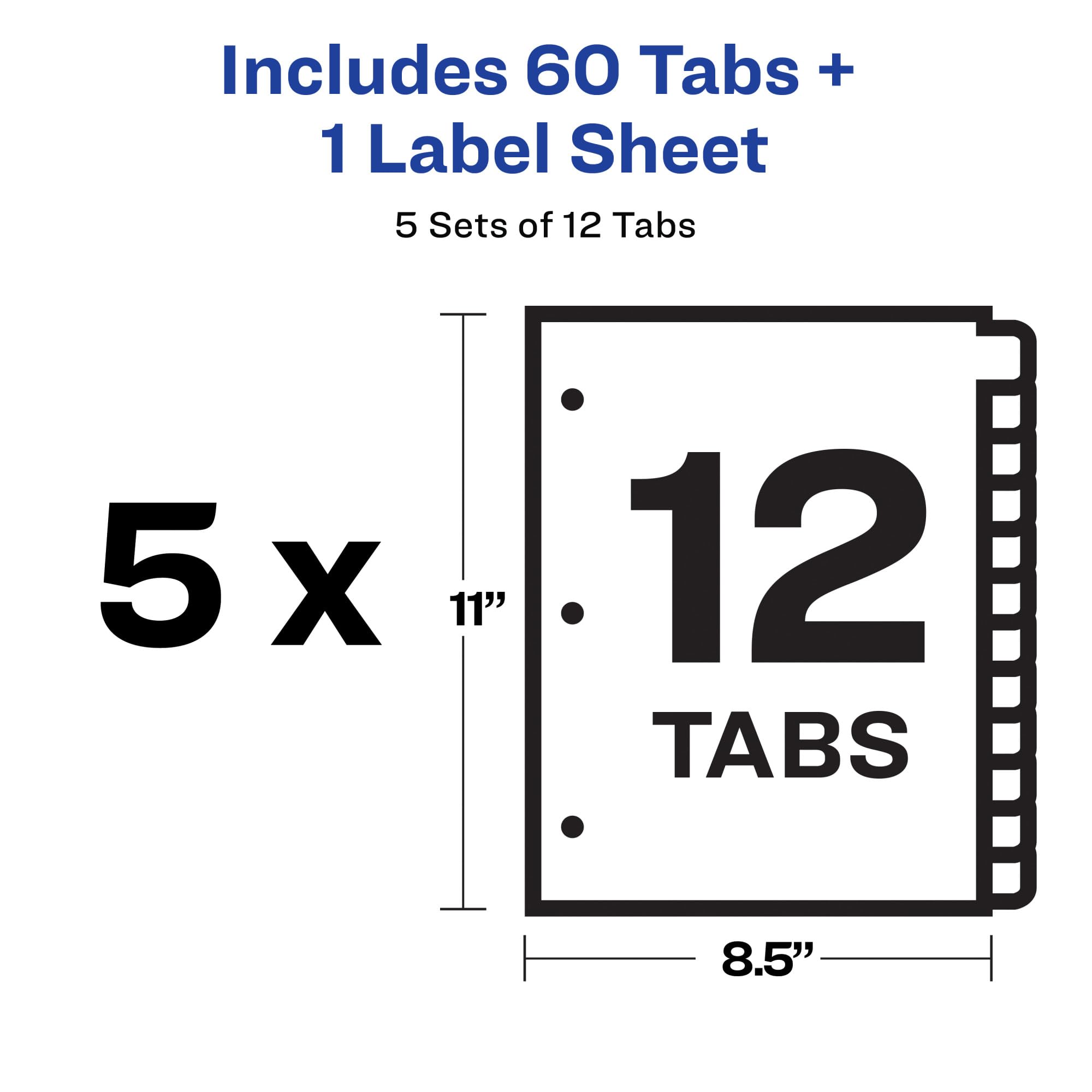 Avery 12-Tab Binder Dividers with Clear Label Strips - Easy Print & Apply Index Maker - 5 Sets of White Tabs (11429) - Perfect for Office Organization, School Projects & Document Filing