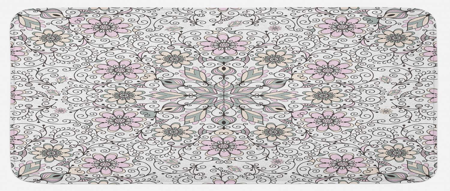 Ambesonne Vintage Abstract Floral Kitchen Mat - Non-Slip Plush Rug with Ethnic Swirls & Leaves Design, 47x19 Inch, Pale Pink & Grey - Perfect for Farmhouse, Boho Decor & Cozy Kitchen Floor Protection