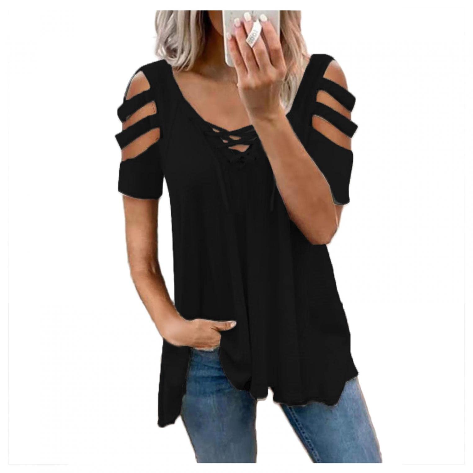 Women's Off Shoulder Zip Up V-Neck T-Shirt - Sexy Short Sleeve Loose Fitting Graphic Blouse for Casual Wear, Date Night & Summer Outfits