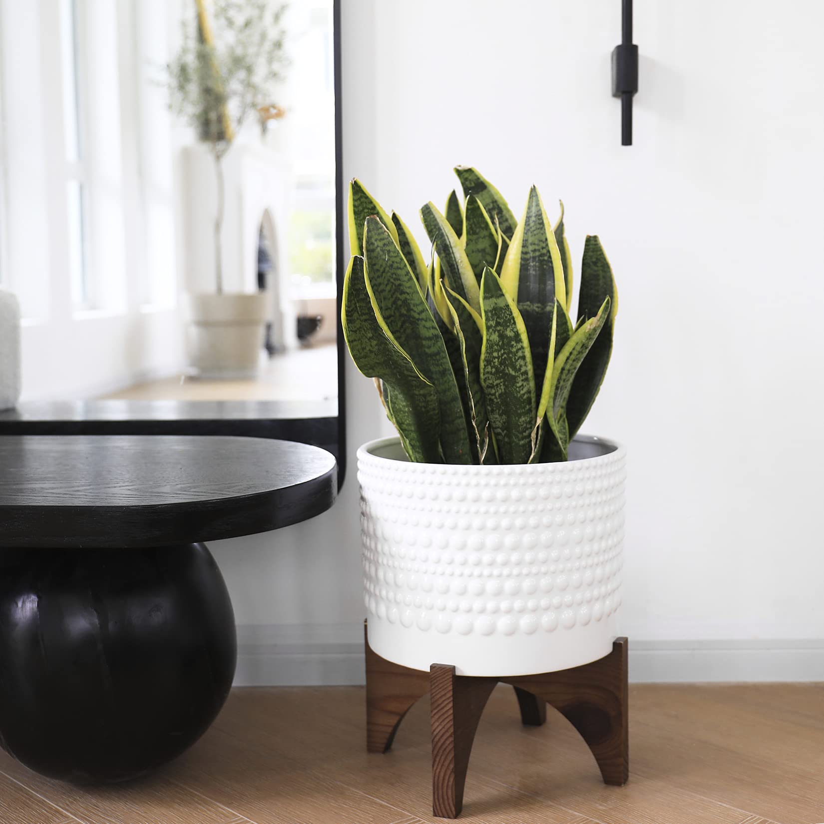 LA Jolie Muse 8 Inch White Ceramic Planter with Wood Stand - Cylinder Embossed Hobnail Pattern Flower Pot for Indoor Plants | Perfect for Home Decor, Office Desk, and Living Room Decorations