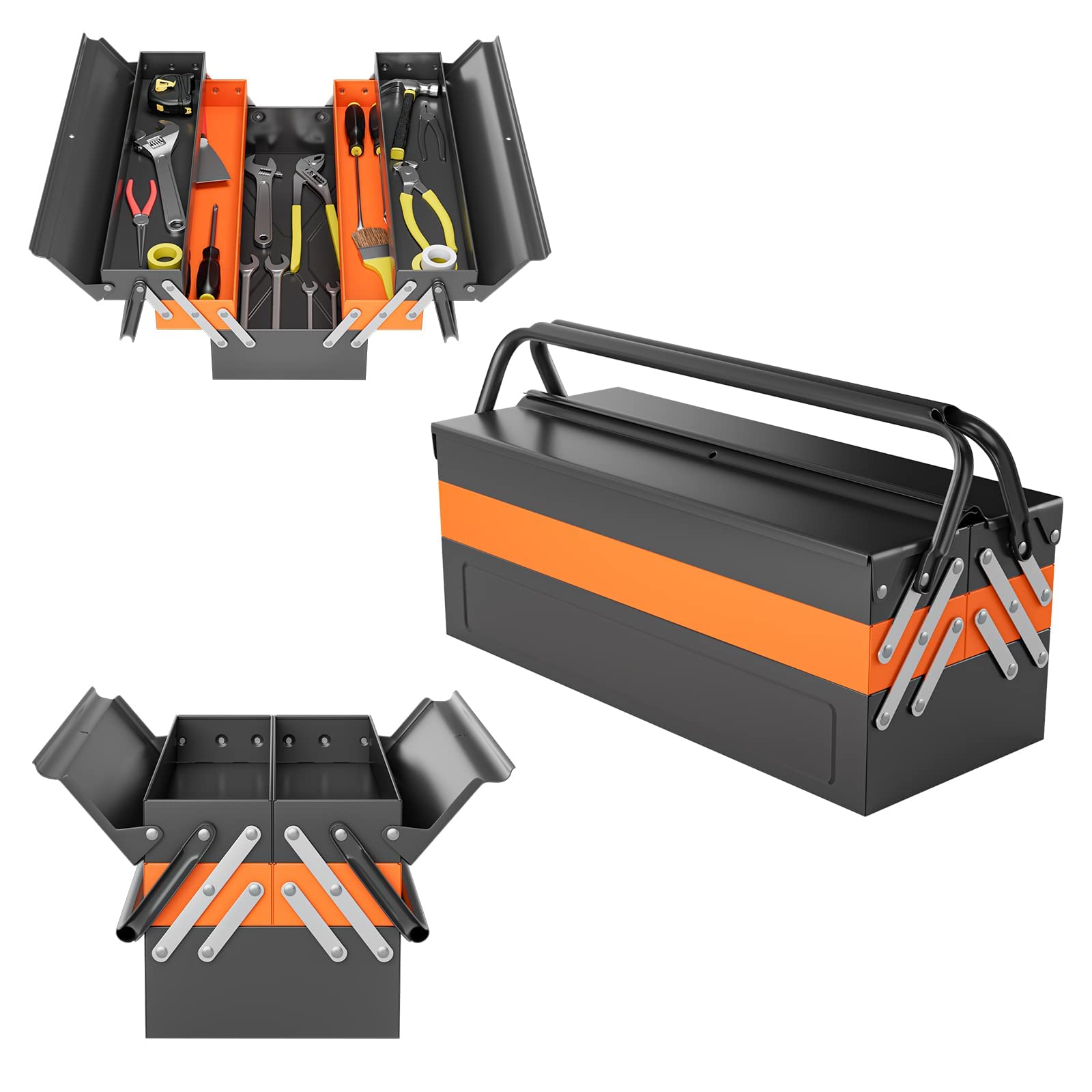 Goplus 22-Inch 3-Layer 5-Tray Portable Metal Tool Box with Handle & Lock Hole - Heavy Duty Cantilever Tool Chest Organizer for Garage, Workshop, Car Trunk & Home Office - Powder Coated Steel Toolbox for Tools Storage & Organization