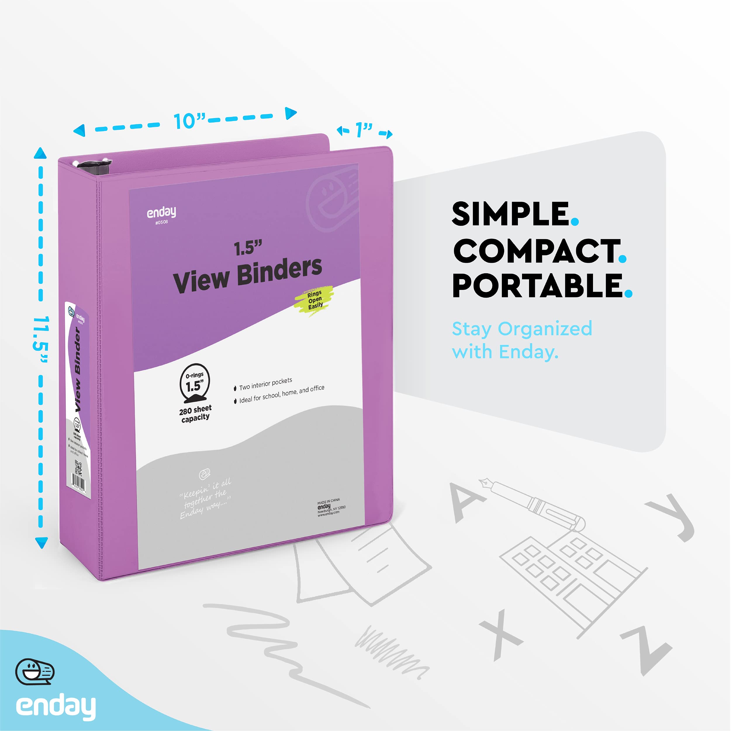 Enday 1.5 Inch Purple 3-Ring Binder with Clear View Cover & 2 Inside Pockets - Durable School & Office Supplies for Organizing Documents, Homework, Presentations - Perfect for Students, Teachers & Professionals