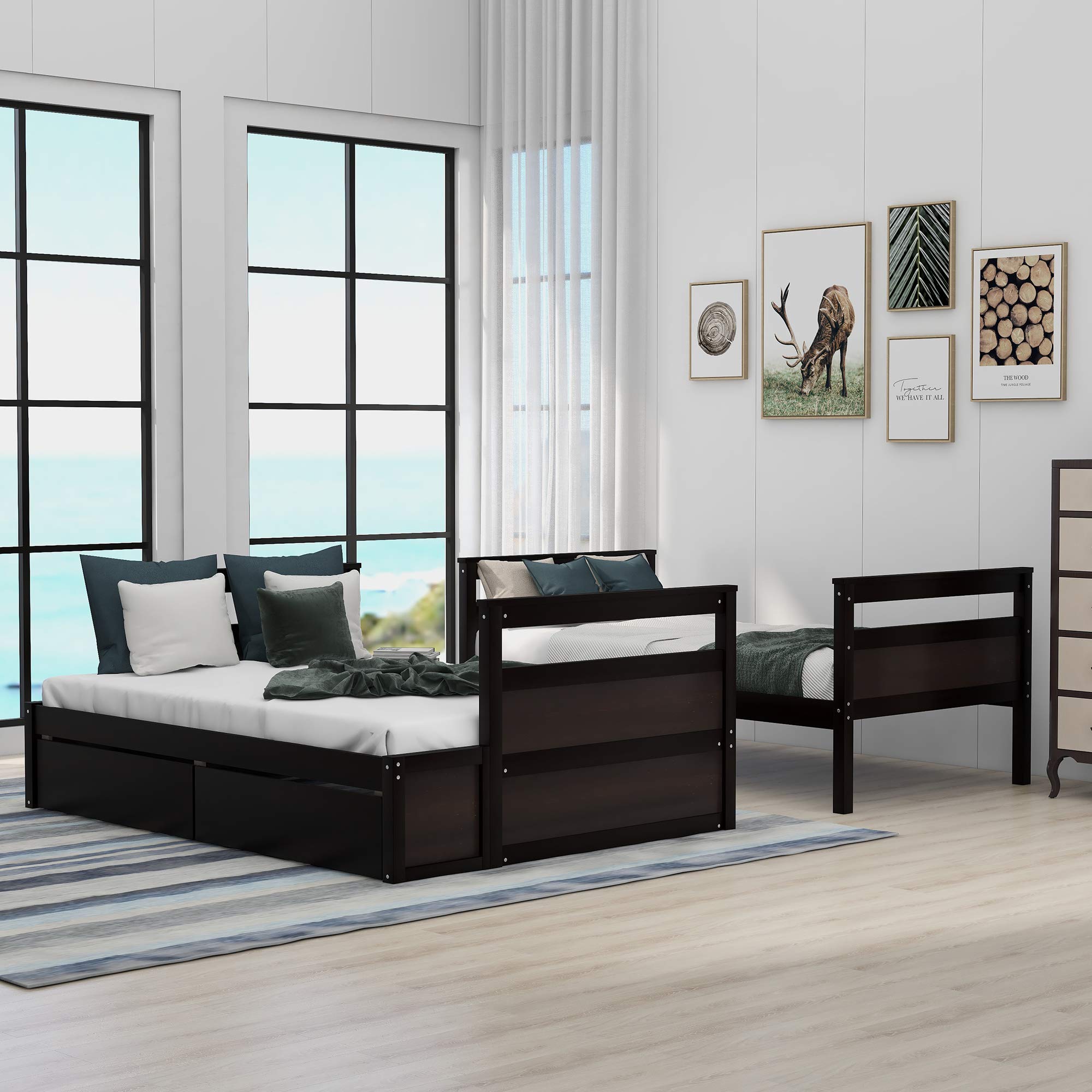 Solid Wood Twin Over Full Bunk Bed with Storage Drawers & Safety Rail - Convertible to 2 Separate Beds, Loft Bed or Platform Bed - No Box Spring Needed (Espresso Finish) - Perfect for Kids' Rooms, Guest Rooms & Small Spaces