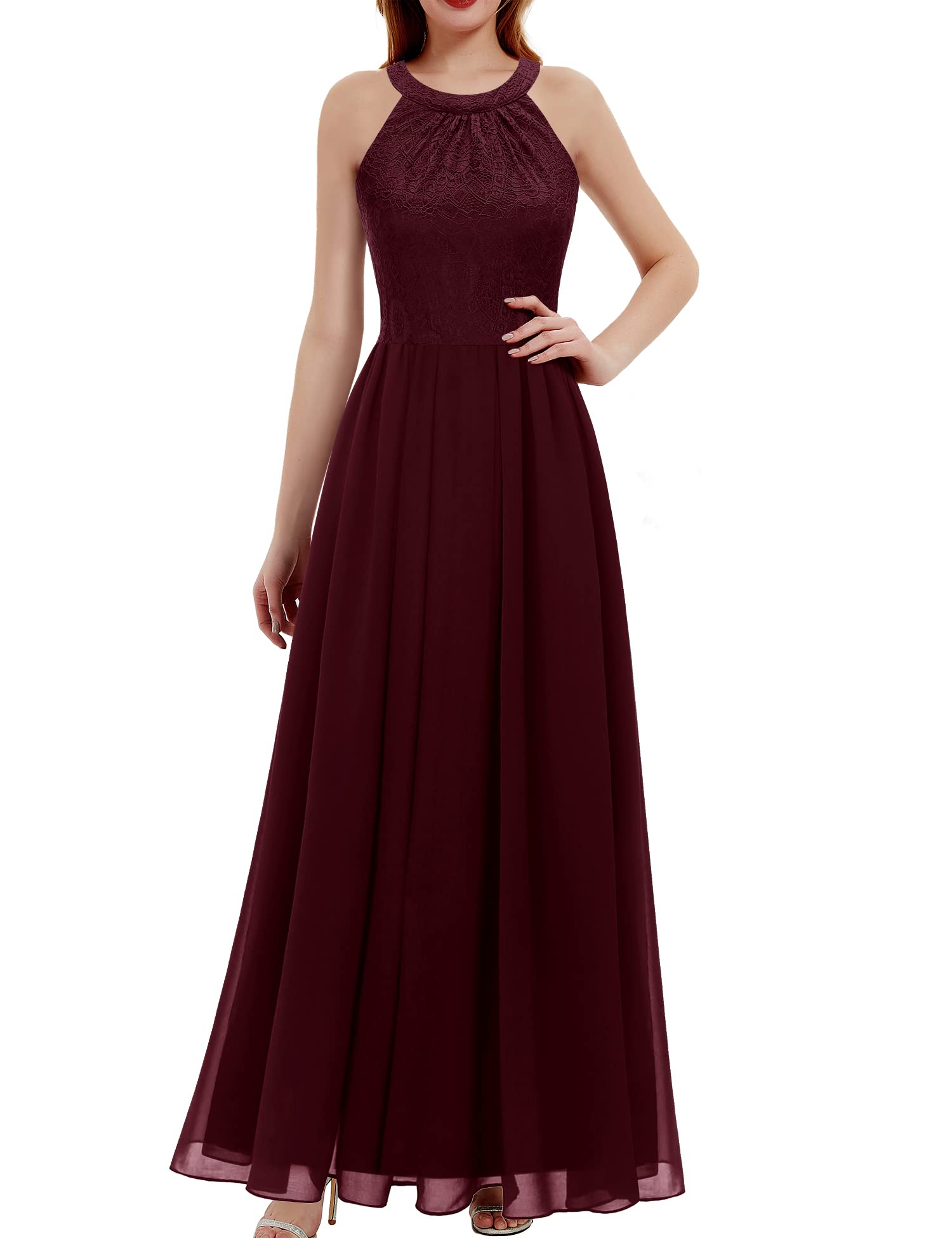 Elegant Women's Long Formal Halter Lace Dress 2024 - Wedding Guest, Bridesmaid, Cocktail Party & Prom Gown | Spring Summer Evening Occasions, Special Events & Black Tie Dinners