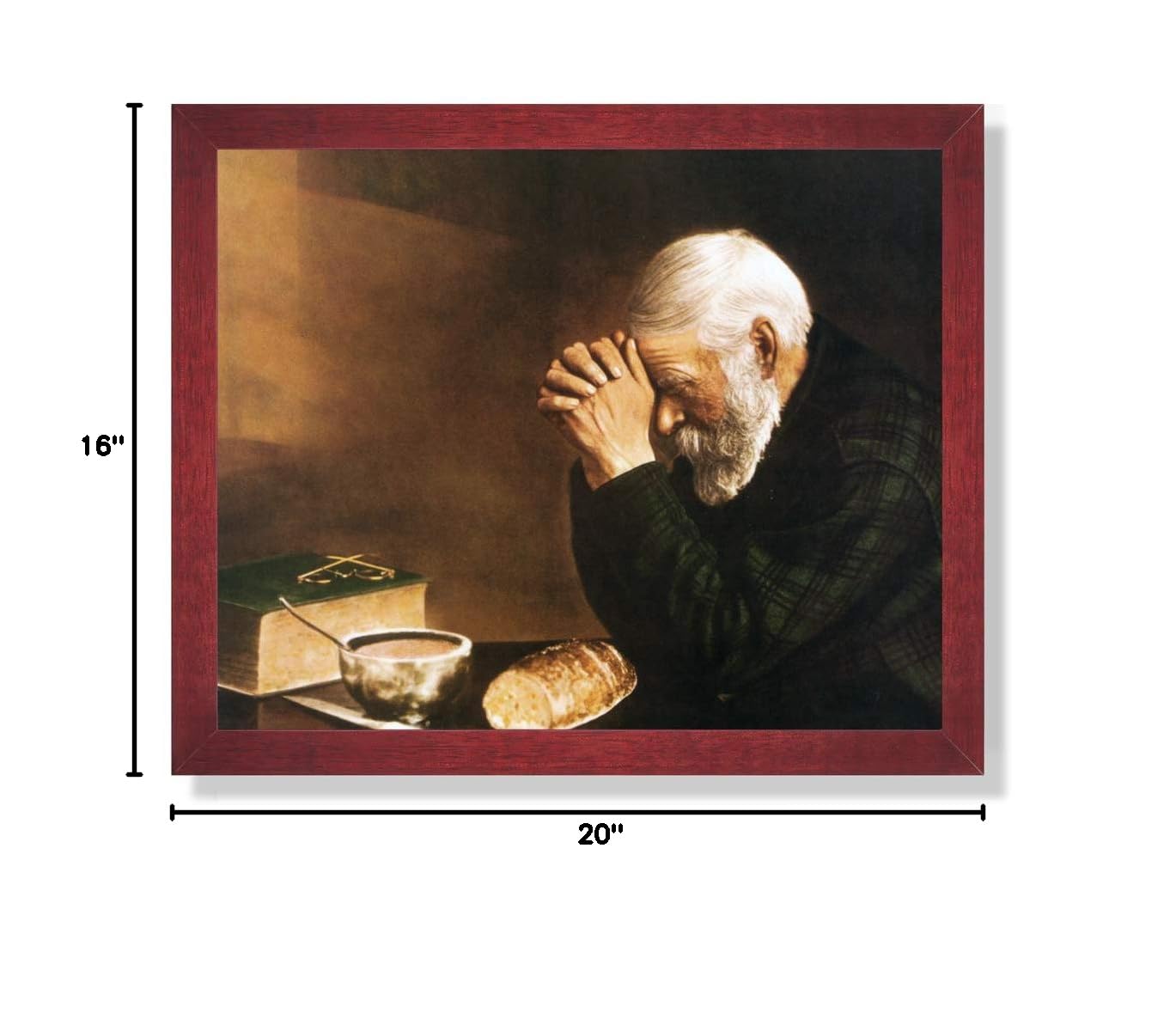 16x20 Art Print - Daily Bread Man Praying at Dinner Table Grace Religious Wall Picture with Cherry Frame - Perfect for Home Decor, Church, and Inspirational Gifts