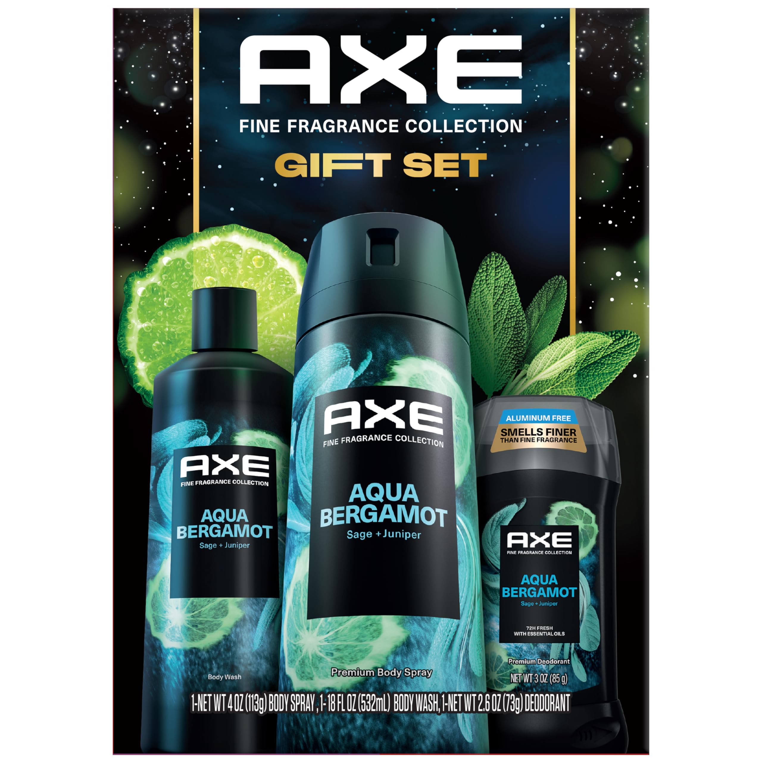 AXE Aqua Bergamot Men's Grooming Gift Set - 3-Piece Body Wash, Body Spray & Deodorant with Sage & Juniper Fragrance | Perfect for Daily Use, Gym & Travel