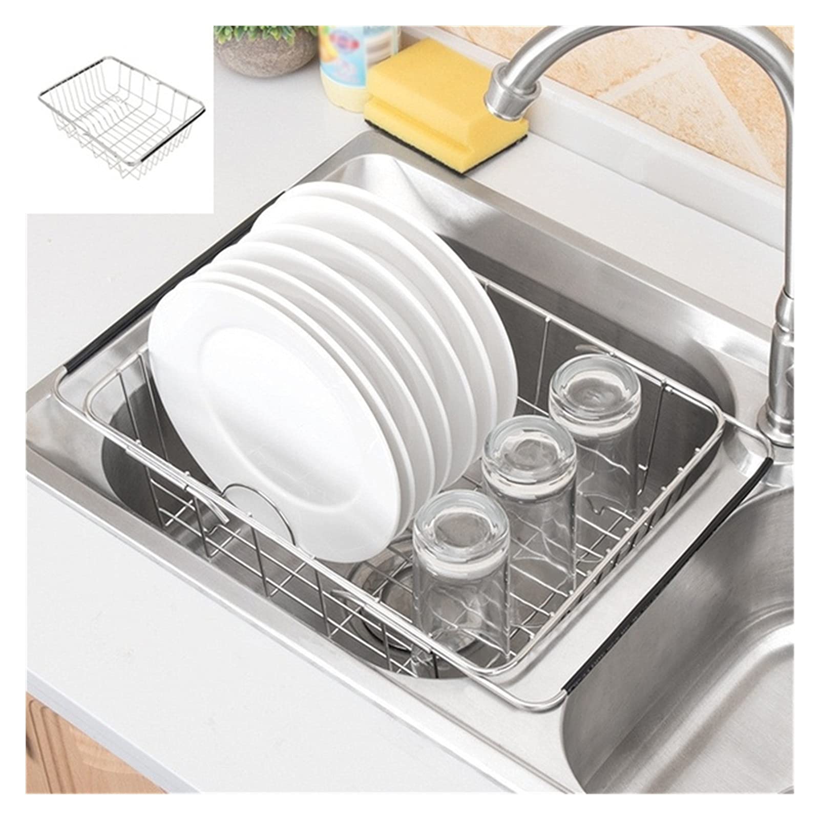 Stainless Steel Adjustable Over The Sink Colander & Dish Drying Rack - Multi-Purpose Kitchen Strainer for Draining Pasta, Washing Fruits & Vegetables - Perfect for Small Kitchens, Camping & RV Use