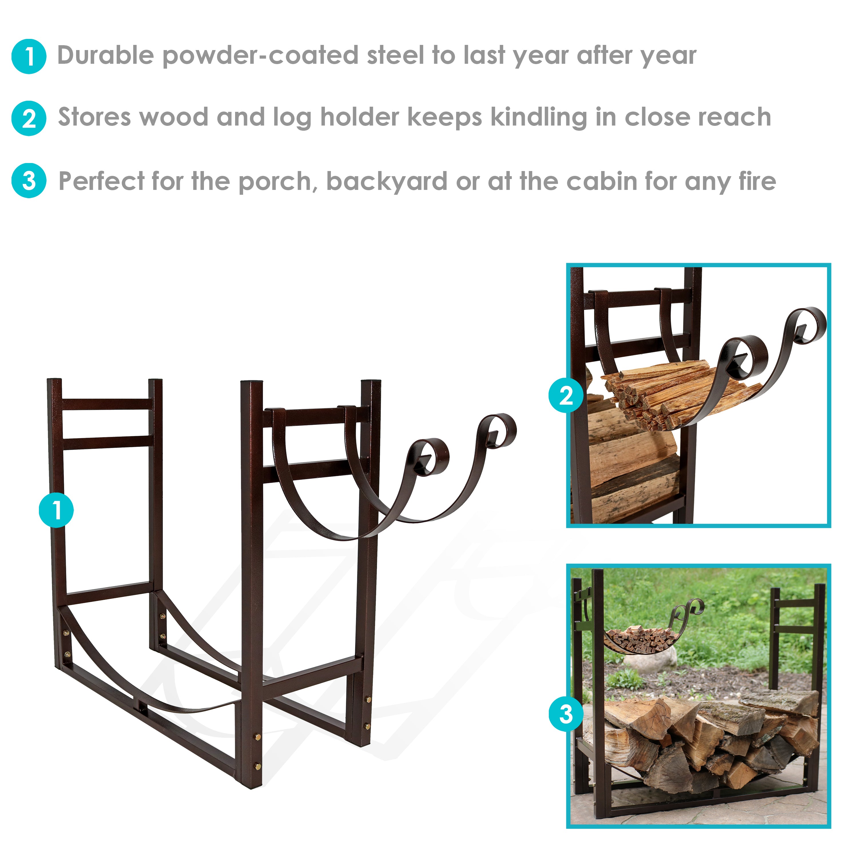 Outdoor Firewood Storage Rack with Kindling Holder - Heavy Duty Steel Log Rack for Firewood Storage - Perfect for Patio, Backyard, and Camping