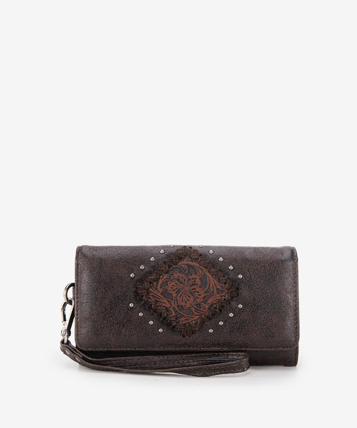Montana West Genuine Leather Tooled Studded Wristlet Clutch Purse for Women - Perfect for Parties, Weddings & Evening Events