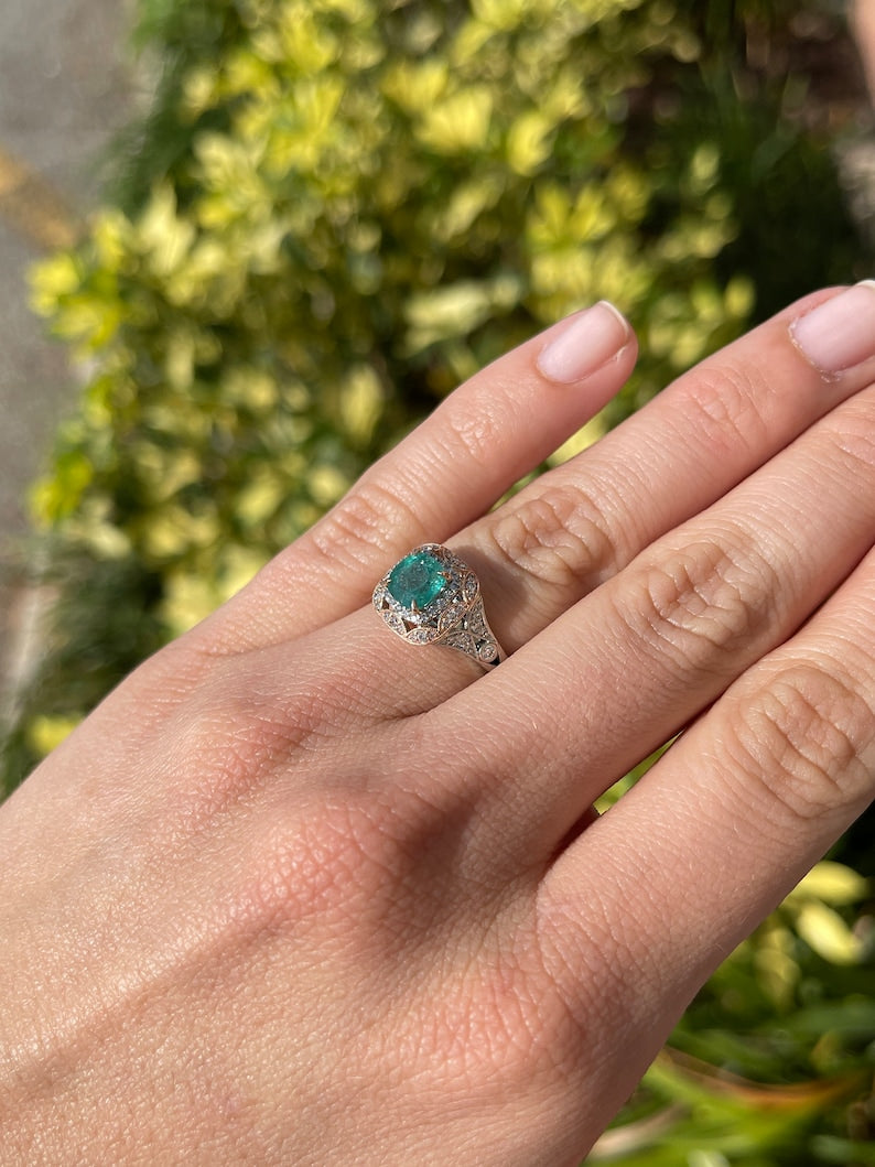 2.14tcw 14K Rose Gold Emerald Deep Ocean Green Cushion Cut Diamond Accent Engagement Ring for Women - Elegant Wedding, Proposal, Anniversary Gift Idea