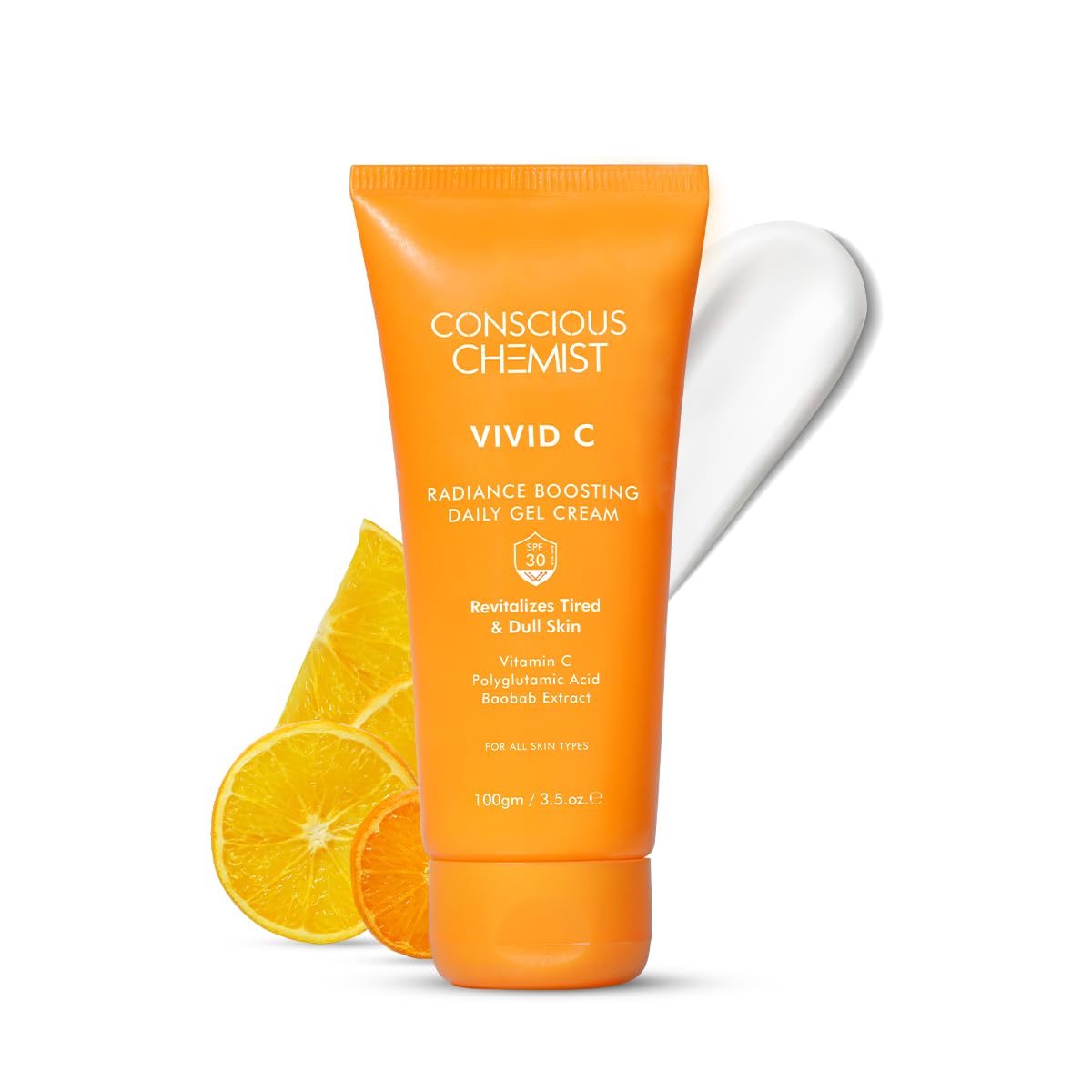 Conscious Chemist® Vitamin C Brightening Moisturizer with SPF30 PA+++ | 100g Face Cream for Men & Women | Daily Hydrating Gel with Polyglutamic Acid & Vitamin C for Healthy, Glowing Skin | Suitable for All Skin Types | Perfect for Daytime Protection & Evening Skin Repair | Vivid C