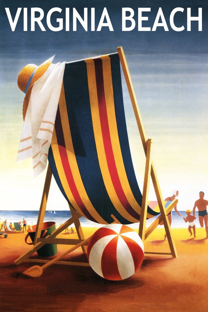Virginia Beach Chair and Ball 52408 - 24x36 Signed Art Print - Coastal Wall Decor Poster for Living Room, Bedroom & Office
