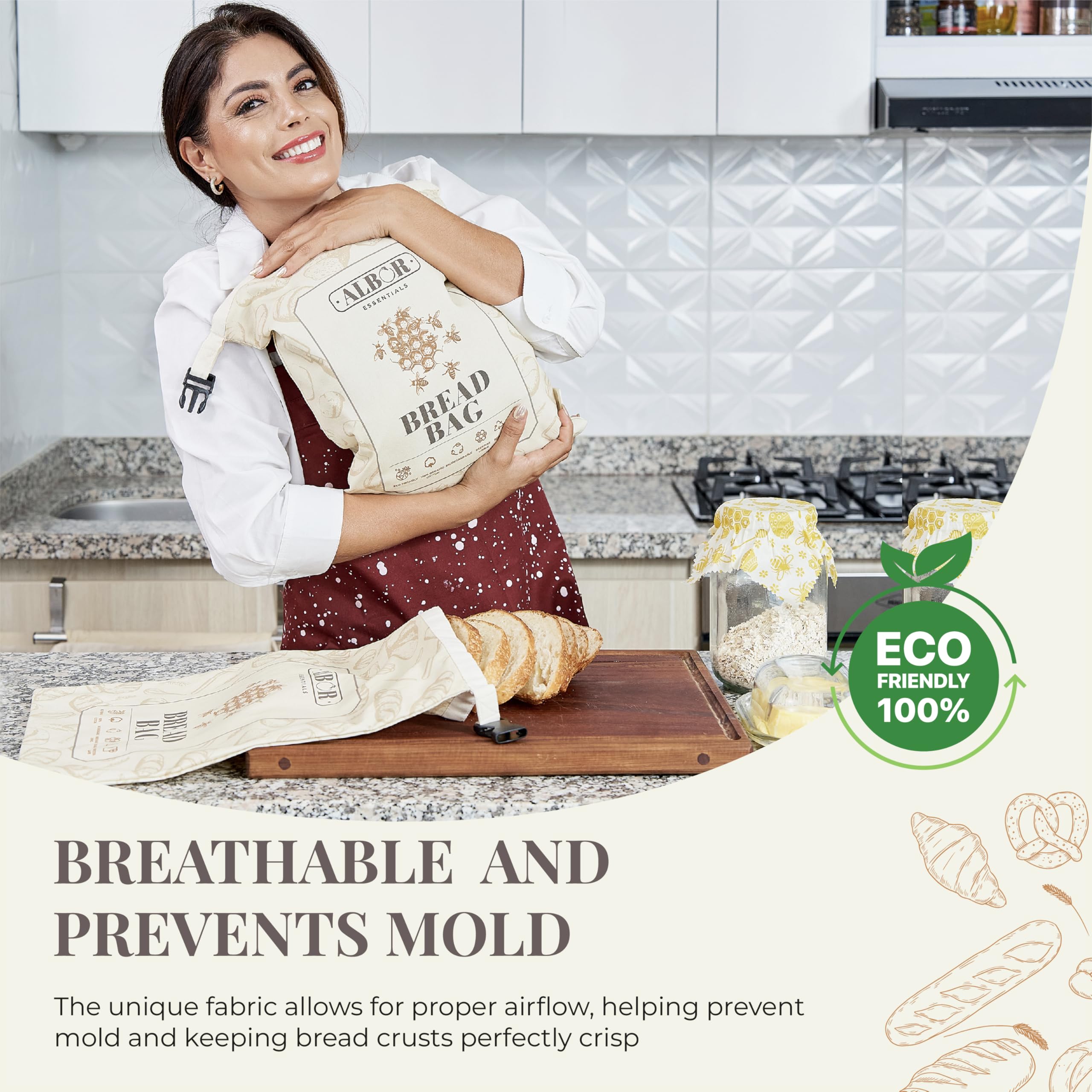 2 Pack Reusable Cotton Beeswax Bread Bags for Homemade Sourdough Storage - XL Eco-Friendly Food Wraps for Bread, Baguettes & Pastries - Perfect for Baking, Picnics & Zero Waste Kitchens
