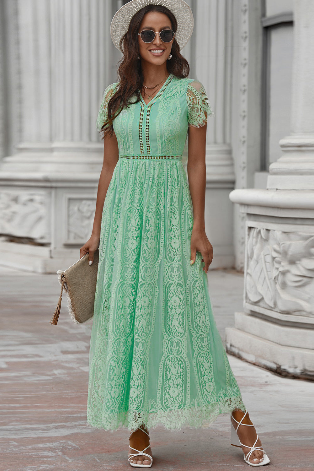 Elegant Scalloped Trim Lace Plunge Dress for Women - Sexy Deep V Neck Evening Gown for Party, Wedding, Date Night & Special Occasions