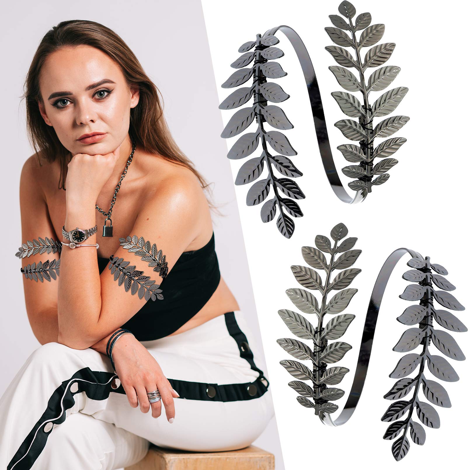 RechicGu 2-Pack Adjustable Leaf Cuff Bangle Bracelet - Roman Greek Style Armlet Jewelry Set for Women - Perfect for Wedding, Christmas, Costume Parties & Boho Fashion