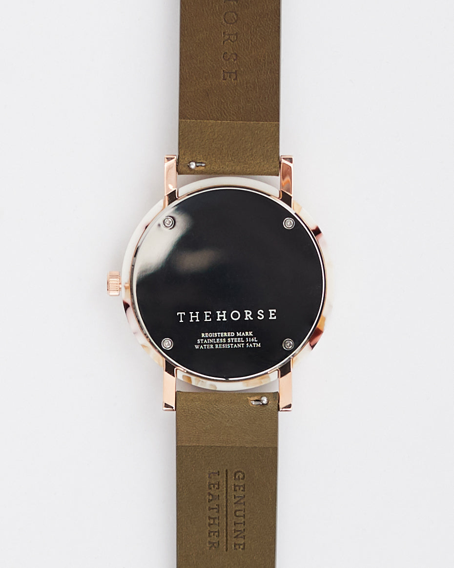 Luxury Resin Nougat Watch Case - White Dial with Rose Gold Indexes & Olive Leather Strap - Perfect for Formal Events, Business Meetings, and Everyday Elegance