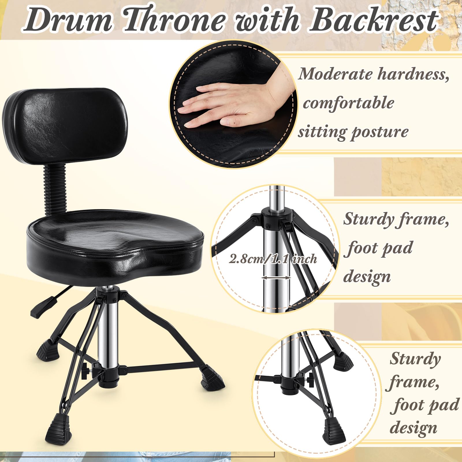 Adjustable Hydraulic Drum Throne with Backrest & Memory Foam Seat - Stable Bass Drum Stool for Adult Drummers & Guitar Players (Black, Apple Style) - Perfect for Home Studios, Live Performances & Music Practice Sessions
