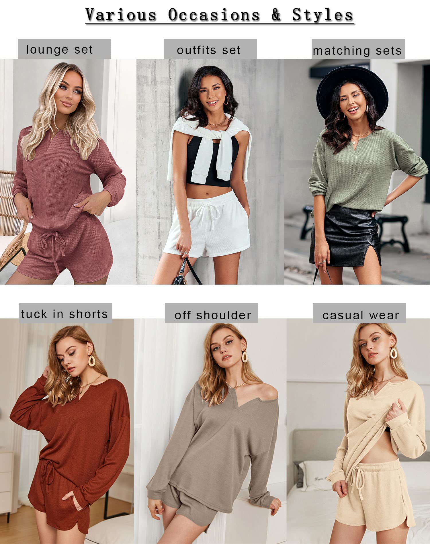 Ekouaer Women's Waffle Knit Pajama Set - Long Sleeve Top & Shorts Lounge Wear (S-XXL) | Soft Sleepwear for Nighttime & Cozy Loungewear for Relaxing at Home