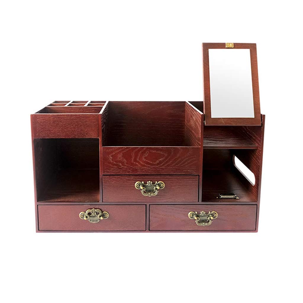 HUAHUA Cosmetic Storage Box with Drawers & Folding Mirror - 44.3x19x24cm Red Wine Organizer for Makeup, Jewelry & Beauty Products | Perfect for Vanity, Bathroom & Dressing Table Organization