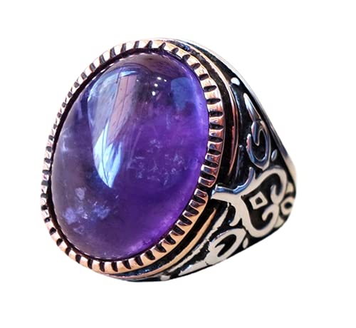 Real 925 Sterling Silver Men's Ring with Natural Amethyst Cabochon - Heavy Oxidized Designer Statement Signet Ring for Men - Healing Crystal Jewelry Gift for Dad, Husband, Boyfriend - Perfect for Weddings, Anniversaries & Special Occasions