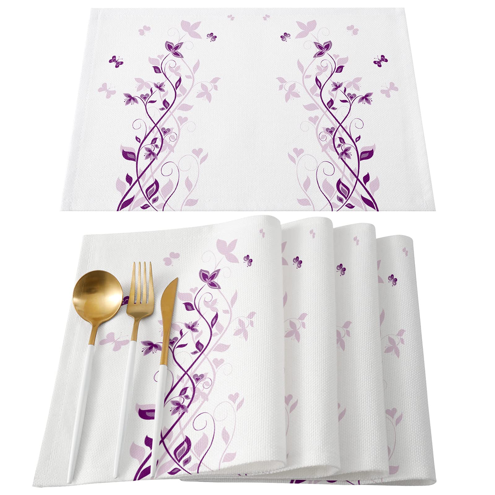 4-Pack Nature Violet Flower Butterfly Insect Cotton Linen Placemats - Heat Resistant, Non-Slip & Washable Table Mats for Dining Table, Kitchen Decor, Holiday Banquets & Everyday Use