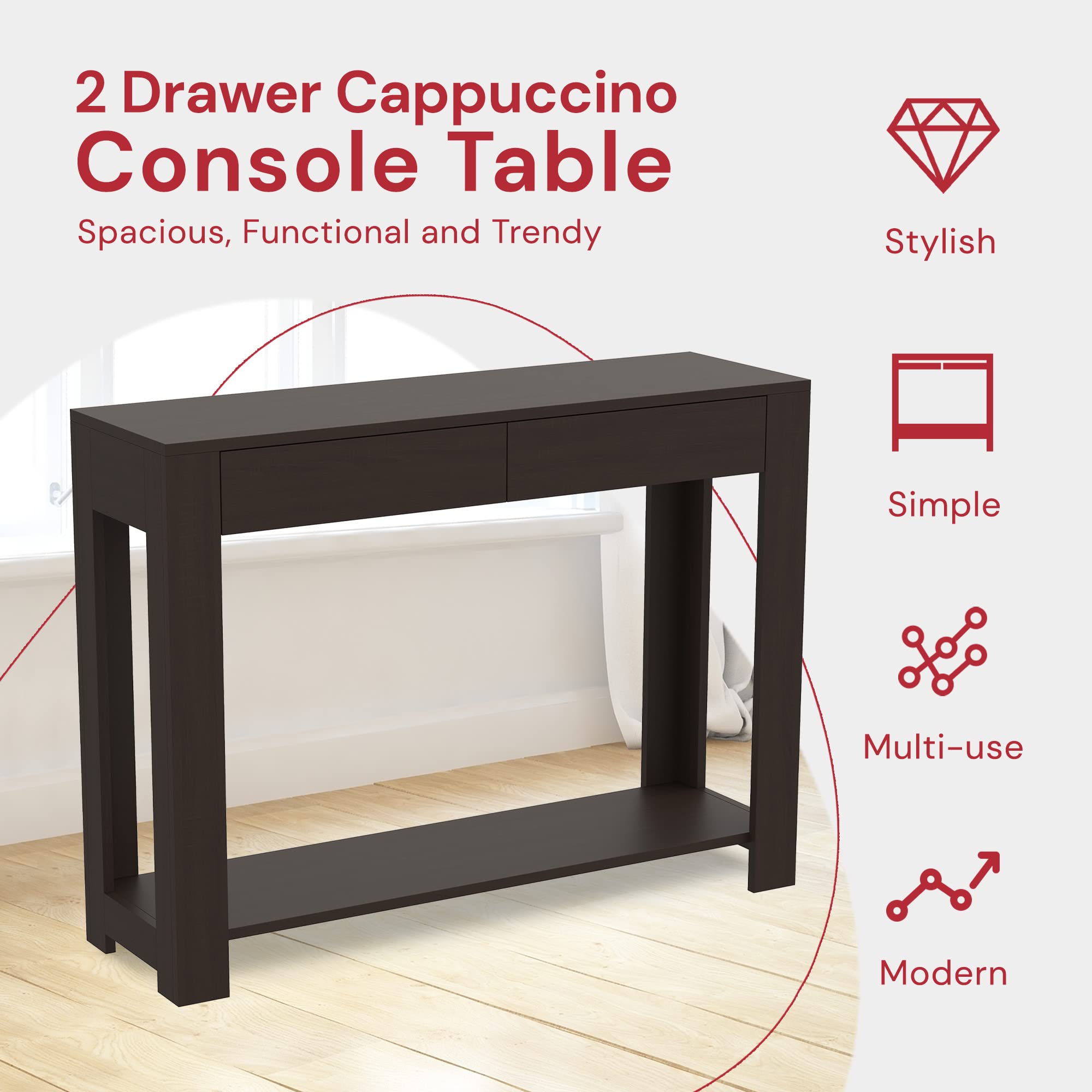 Safdie & Co. Cappuccino Console Table with Shelf & Drawers - 40 x 12 x 30 Inch Brown Hallway Table - Perfect for Entryway, Foyer Decor, Living Room Accent Furniture, or as a Narrow Desk for Small Spaces