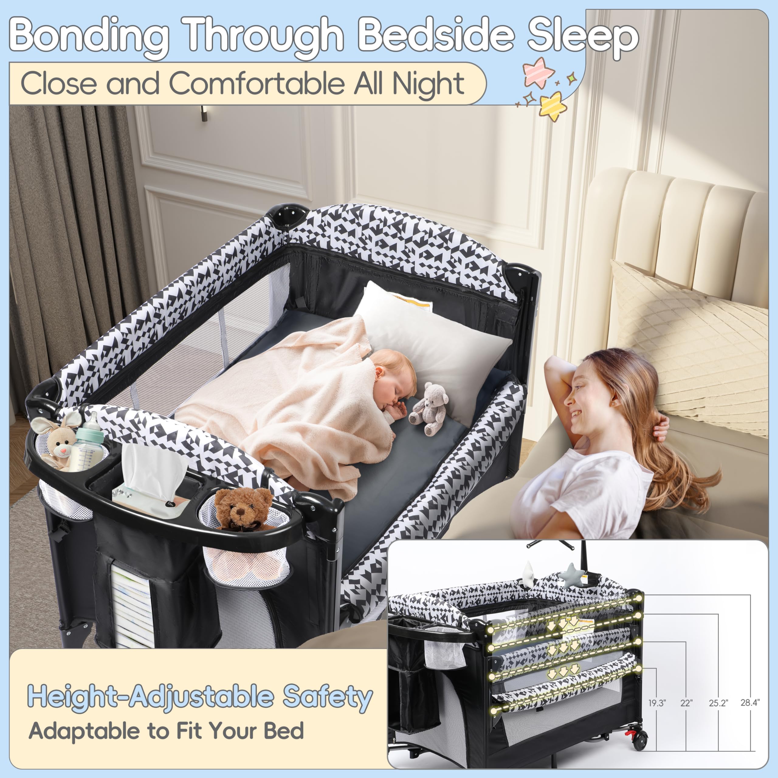 Xilingol 5-in-1 Portable Baby Playard with Bassinet, Bedside Sleeper, Diaper Changer, Storage Bag & Soothing Music Box - Foldable Travel Crib with Carry Bag for Newborns to Toddlers - Perfect for Nursery, Bedroom & On-the-Go Parenting