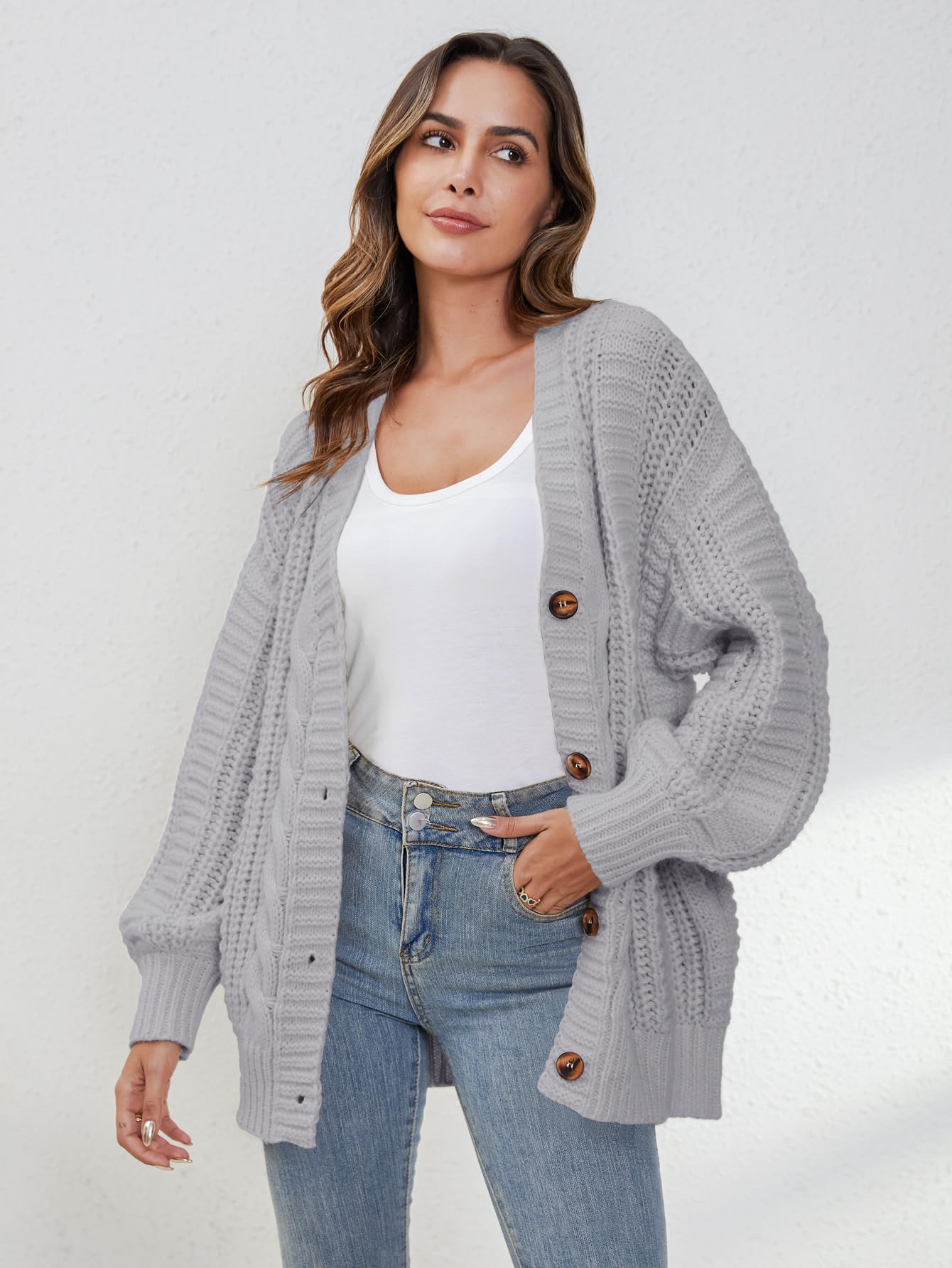 YKR Women's Oversized Chunky Knit Cardigan Sweater with Open Front & Lantern Sleeves - Cozy Button Down Fall Winter 2024 Fashion for Casual Wear, Office & Coffee Dates