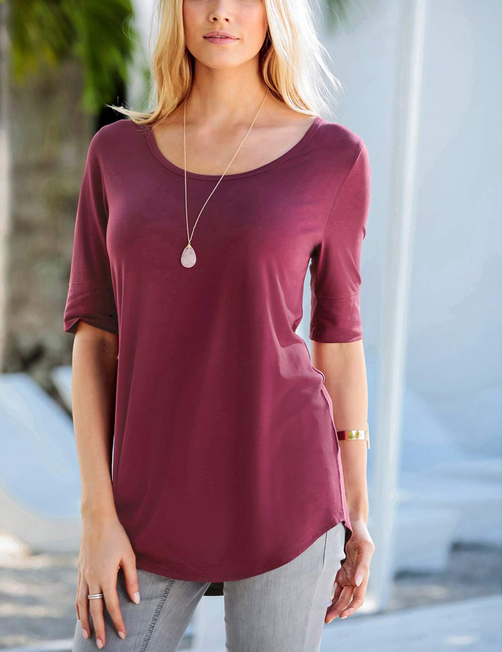 Women's Elbow Length Sleeve Cotton Blouse - Summer Casual Tunic Tee Shirt for Work, Travel & Everyday Wear