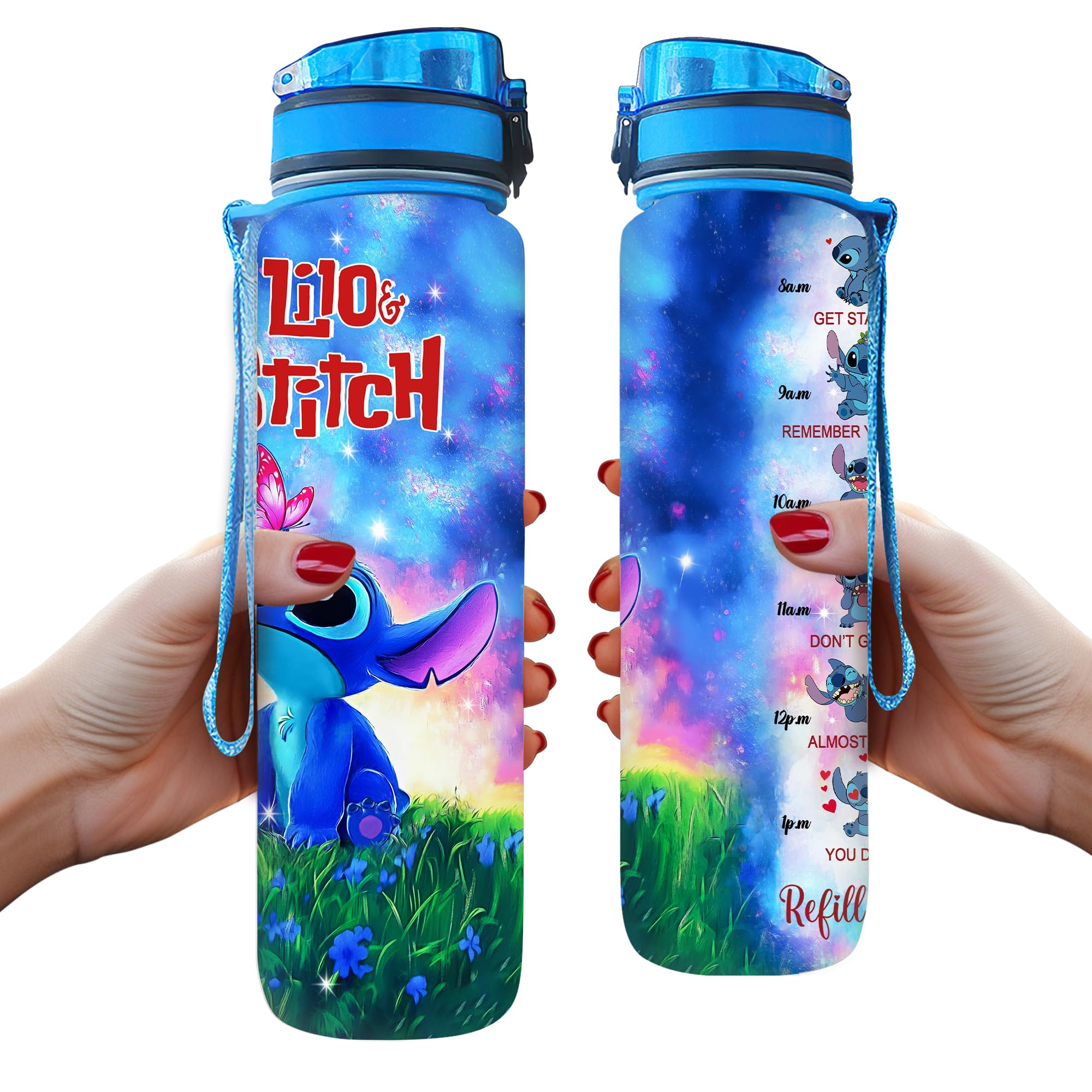Blue Alien 32 Oz Insulated Water Bottle with Time Marker - Motivational Gift for Cartoon Lovers - Leakproof Stainless Steel Sports Bottle for Gym, Hiking & Outdoor Activities