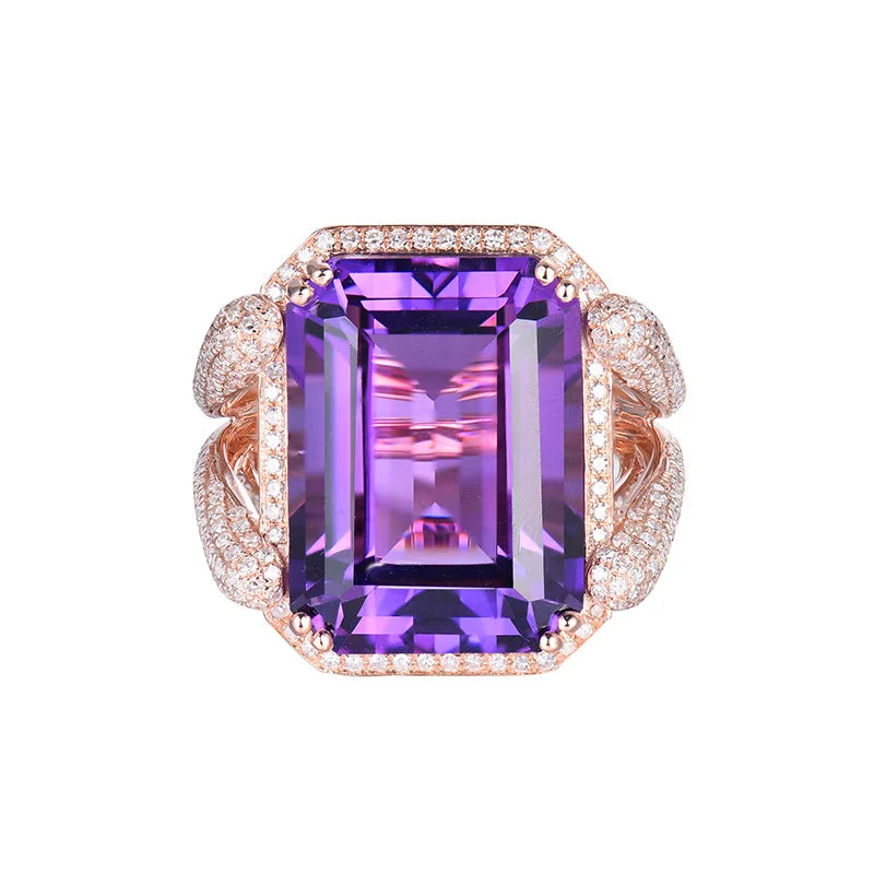 Exquisite 14K Rose Gold Emerald Cut Amethyst Ring with Diamond Accents - Perfect for Engagement, Anniversary & Special Occasion Gifts