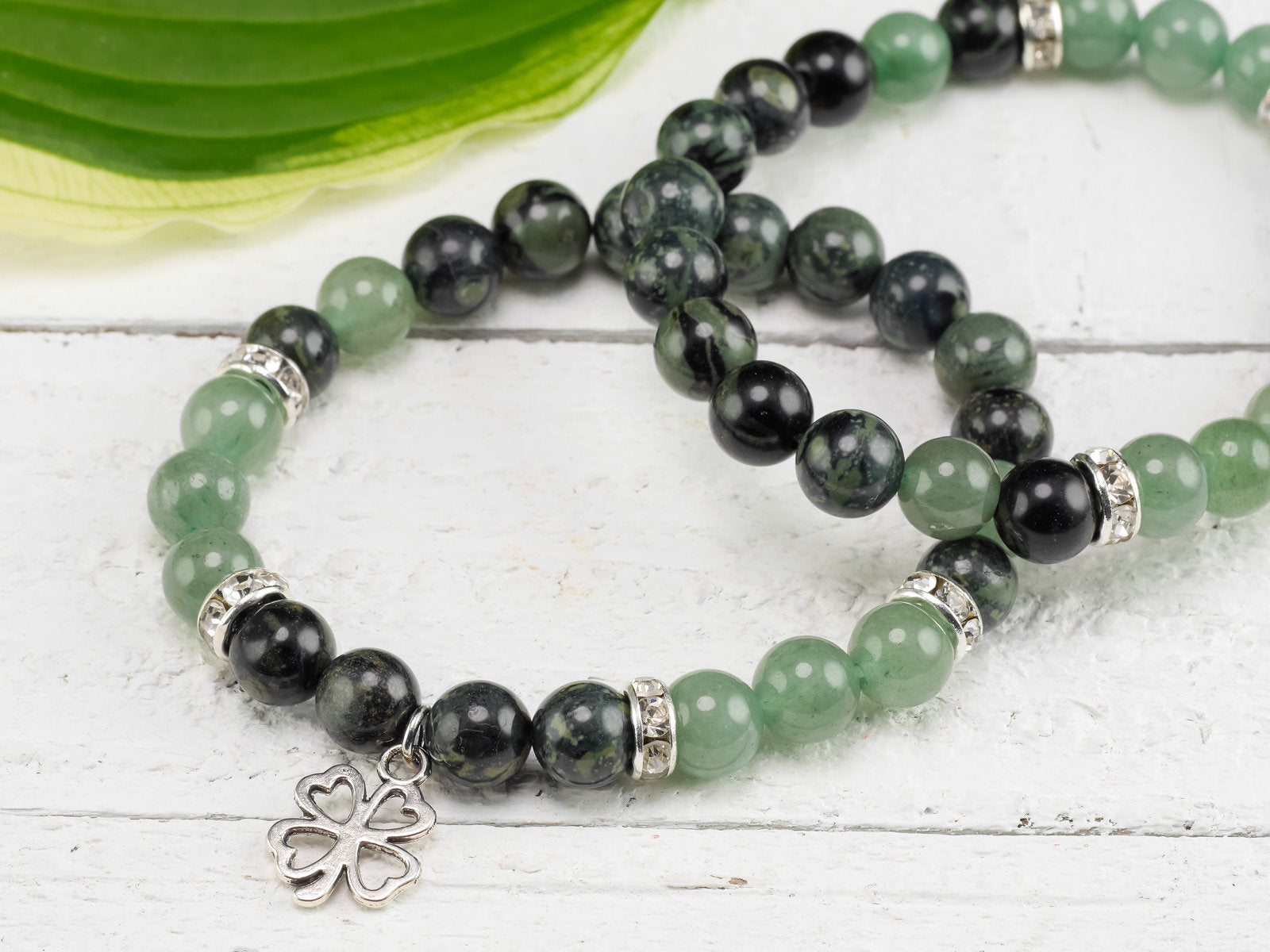 AVENTURINE & KAMBABA JASPER Crystal Bracelet with Four Leaf Clover Charm - Handmade Beaded Jewelry for Women - Perfect for Meditation, Yoga & Positive Energy - Gift Idea E0972