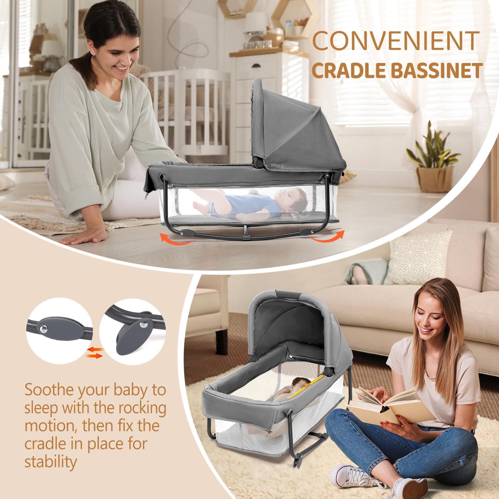 JOYMOR 7-in-1 Baby Bassinet with Changing Table | All-in-One Nursery Center | Bedside Sleeper with Mattress, Sheet & Canopy | Storage Shelf & Hanging Toys | Gray | Perfect for Newborns & Infants in Nursery or Bedroom