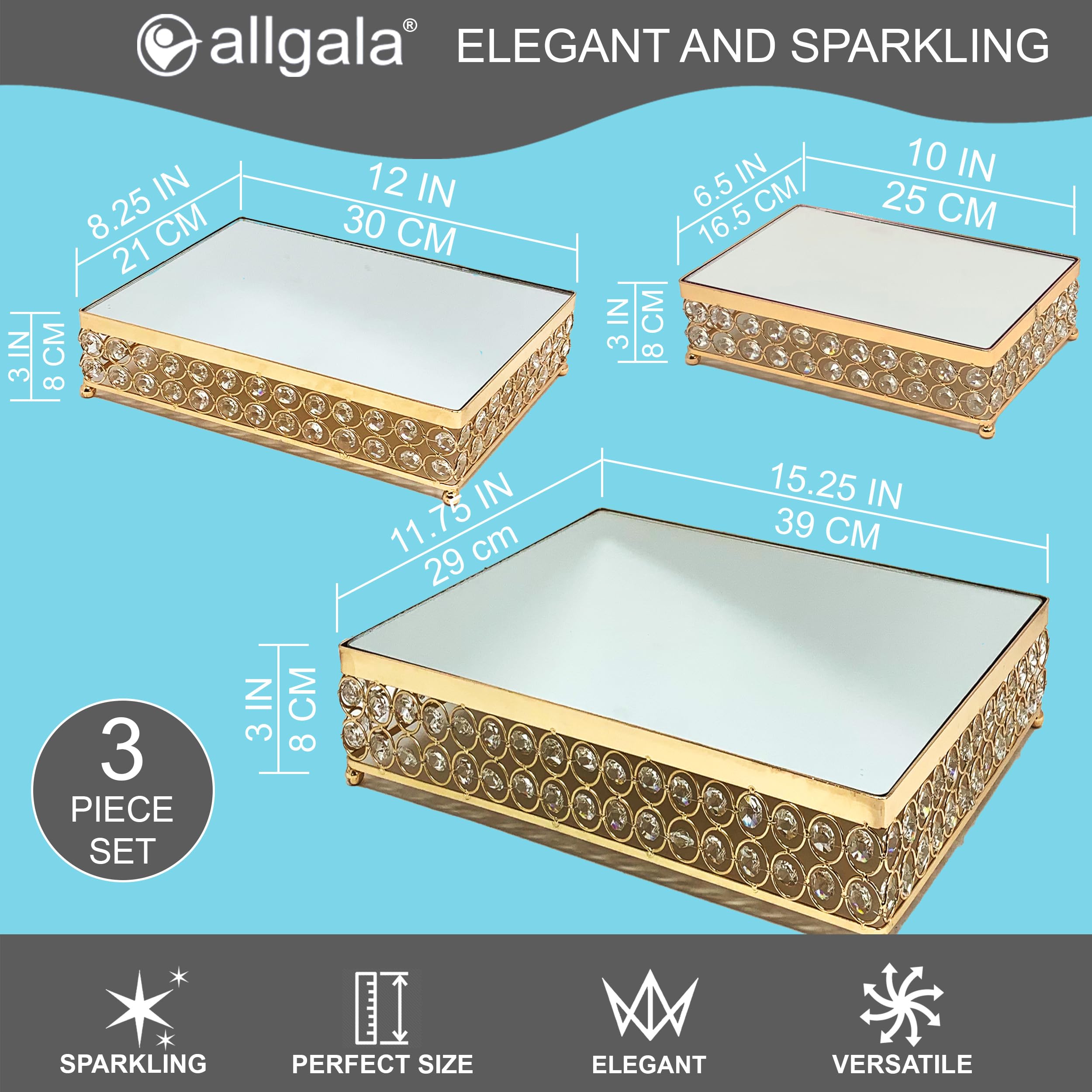 Allgala 3-Piece Gold Plated Crystal Wedding Cake Stand Set with Mirror Plate - Elegant Rectangle Dessert Display for Weddings, Birthdays & Special Events (Model HD89203)