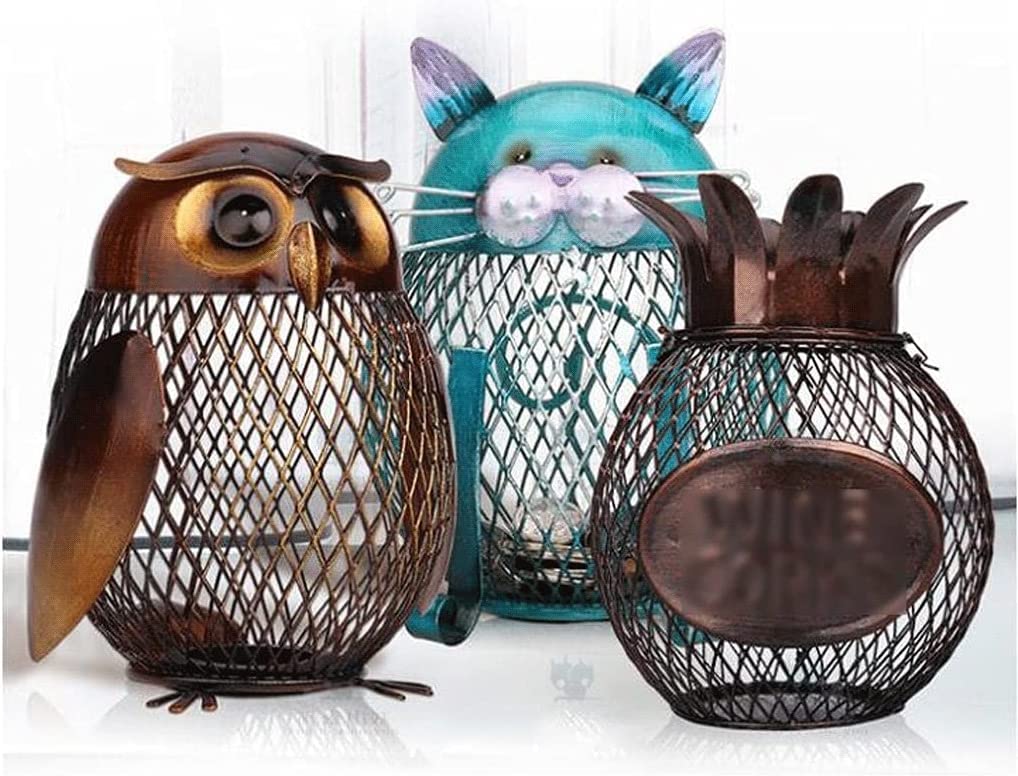 Pineapple & Animal Shaped Piggy Banks for Kids, Boys, Girls & Adults - Vintage Wrought Iron Money Jar with Hollow Coin Slot - Creative Savings Bank for Birthday Gifts, Allowance Tracking & Financial Education (Owl, Cat Designs)