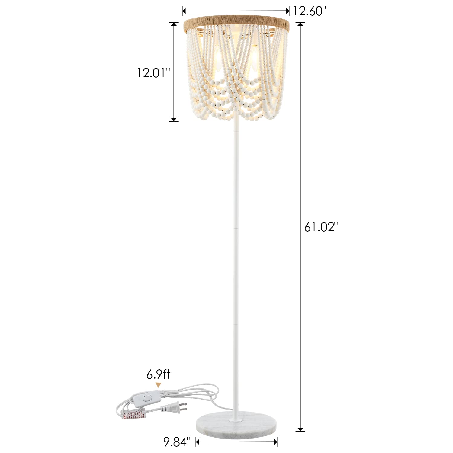 VILUXY Bohemian Wood Beaded Floor Lamp - Antique Rustic White Finish 3-Light Chandelier for Bedroom, Nursery, Dining Room & Girls Room | Perfect for Boho Home Decor, Farmhouse Living Room & Cozy Reading Nook